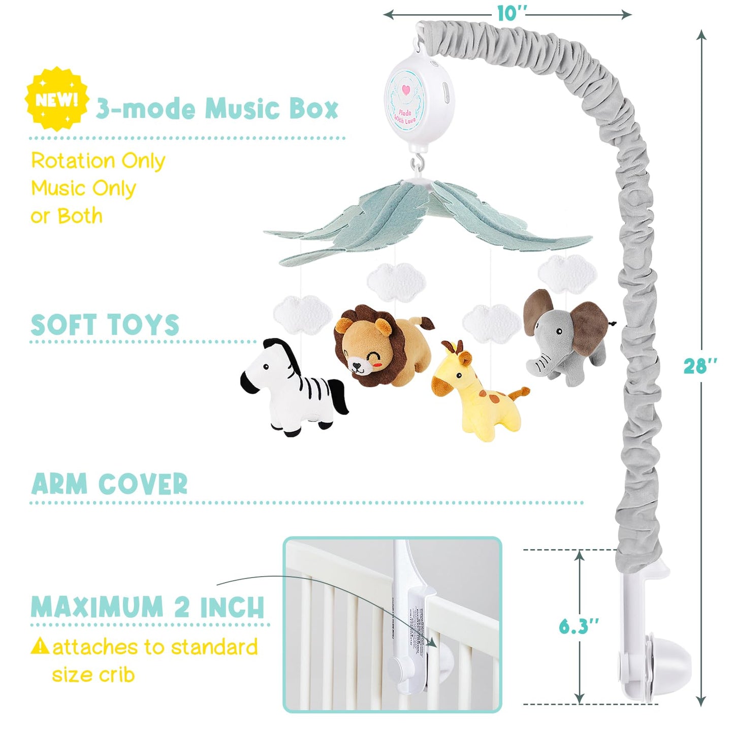 PIIKAGO Animals Crib Mobile for Boys & Girls - Safari Baby Mobile for Crib with Upgraded 3-Mode Music Box, Fits Standard Cribs, Nursery Mobiles