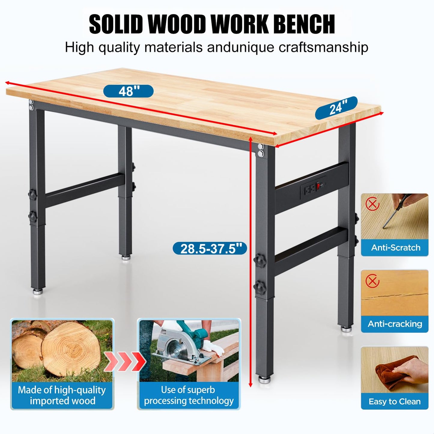 48" Workbench Desk with Power Outlets, Adjustable Height Rubber Wood Top Heavy-Duty Work Table, 2000 LBS Load Capacity Work Station for Garage, Workshop, Office, Home