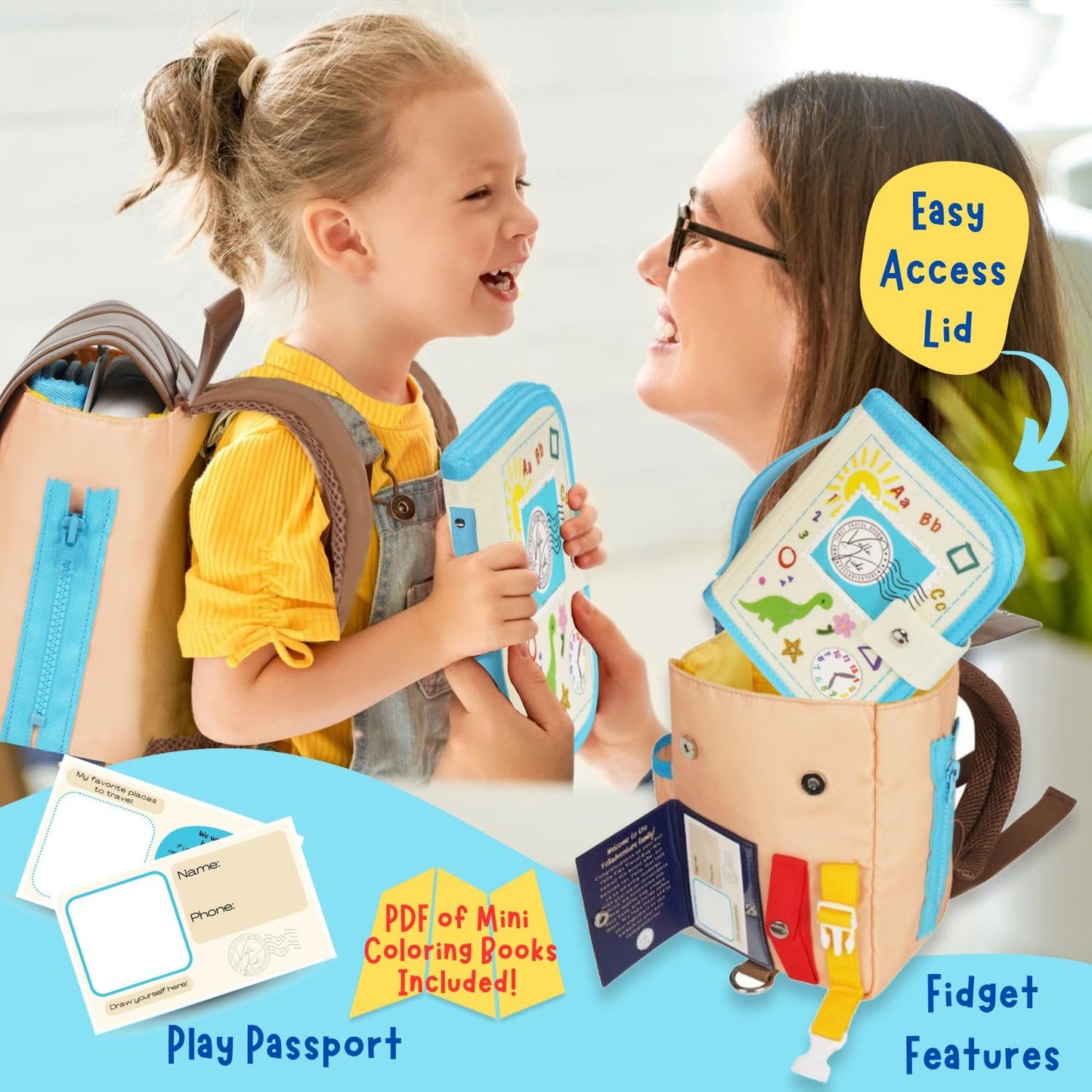 THREE-IN-ONE Toddler Backpack 1-3, Busy Book and Leash, Montessori Toys for 1 2 3 4 Year Old, Autism Sensory Toys, Travel Toys for Airplane Car, Pre-K Learning Fine Motor Skills, Gifts for Girl Boy