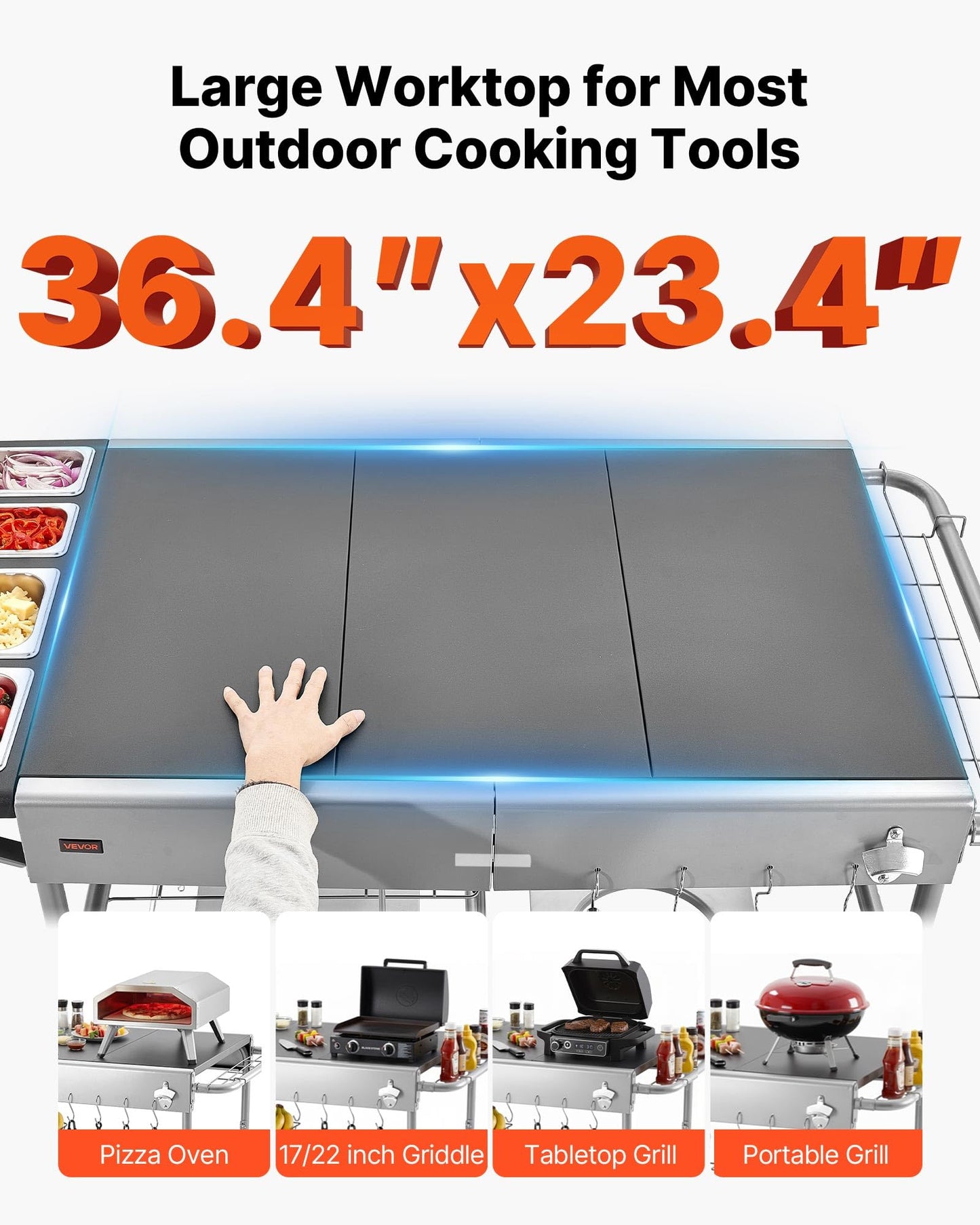 VEVOR Outdoor Grill Cart, 36.4 x 23.4 x 1 inch Tabletop Size Grilling Table, Movable Outdoor Cooking Table with 4 Spice Containers, Wheels, Lids, Hooks, BBQ Prep Tables for Picnic, Kitchen, Courtyard