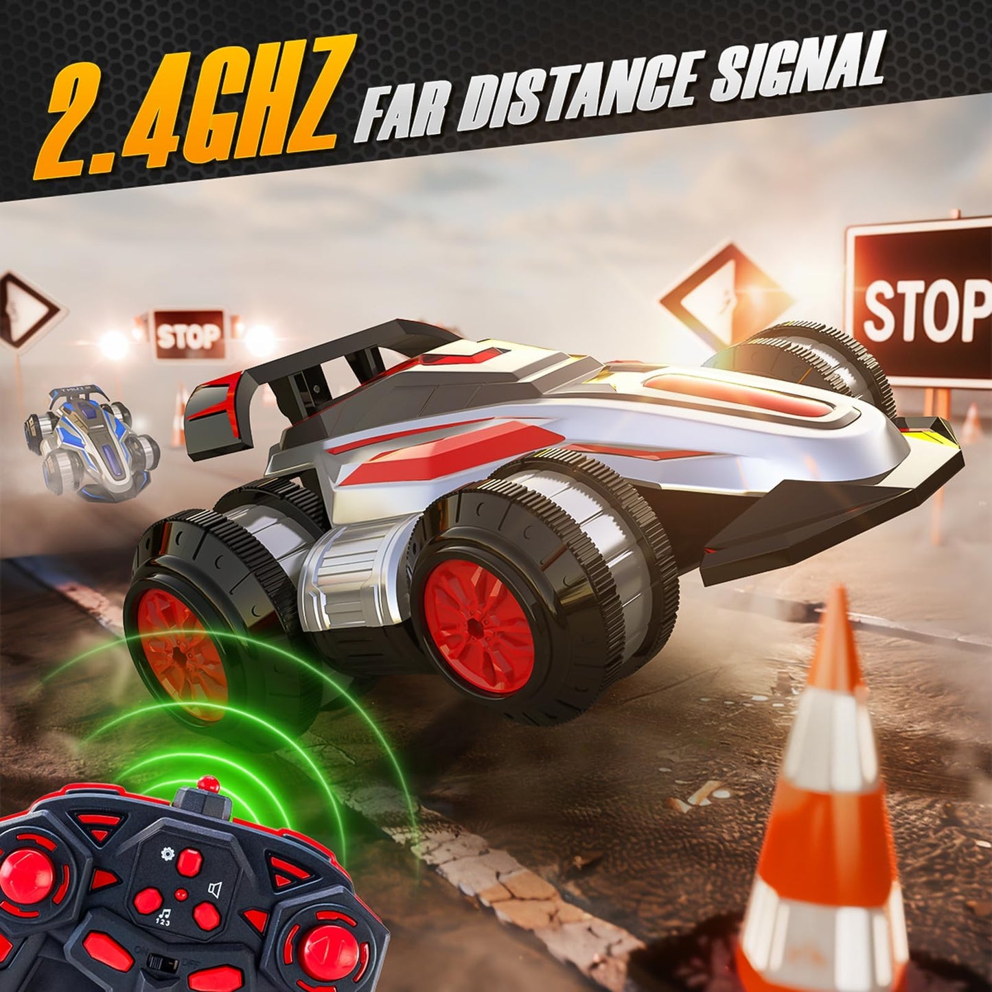 WJWMIRC 1:14 Drift Remote Control Car 2.4GHz 4WD RC Cars Rotating 360 Degrees Vehicle Toys with Lights Music, Upright Walking Four-Wheeled Rollover Stunt Car Gifts for Boys Girls 6-12 Year（Red）