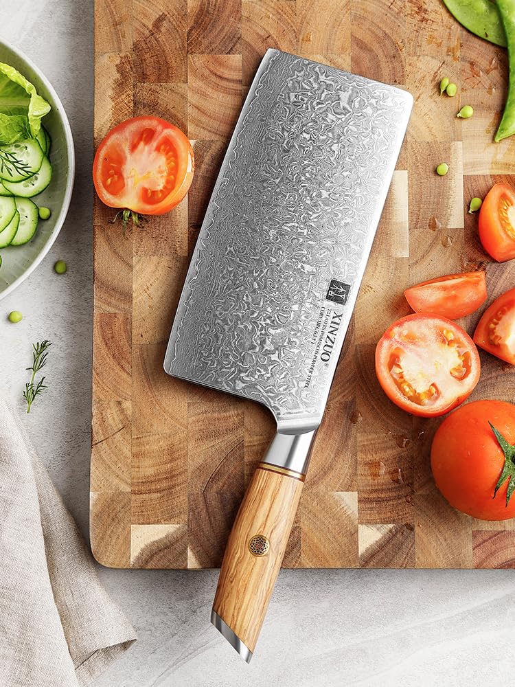 XINZUO Cleaver Knife 7.5 Inch, 73 Layer Damascus Steel Powder Steel Core Chinese Chef's Knife, Multifunction Vegetable Meat Slicing Knife with Olive Wood Handle -Lan Series