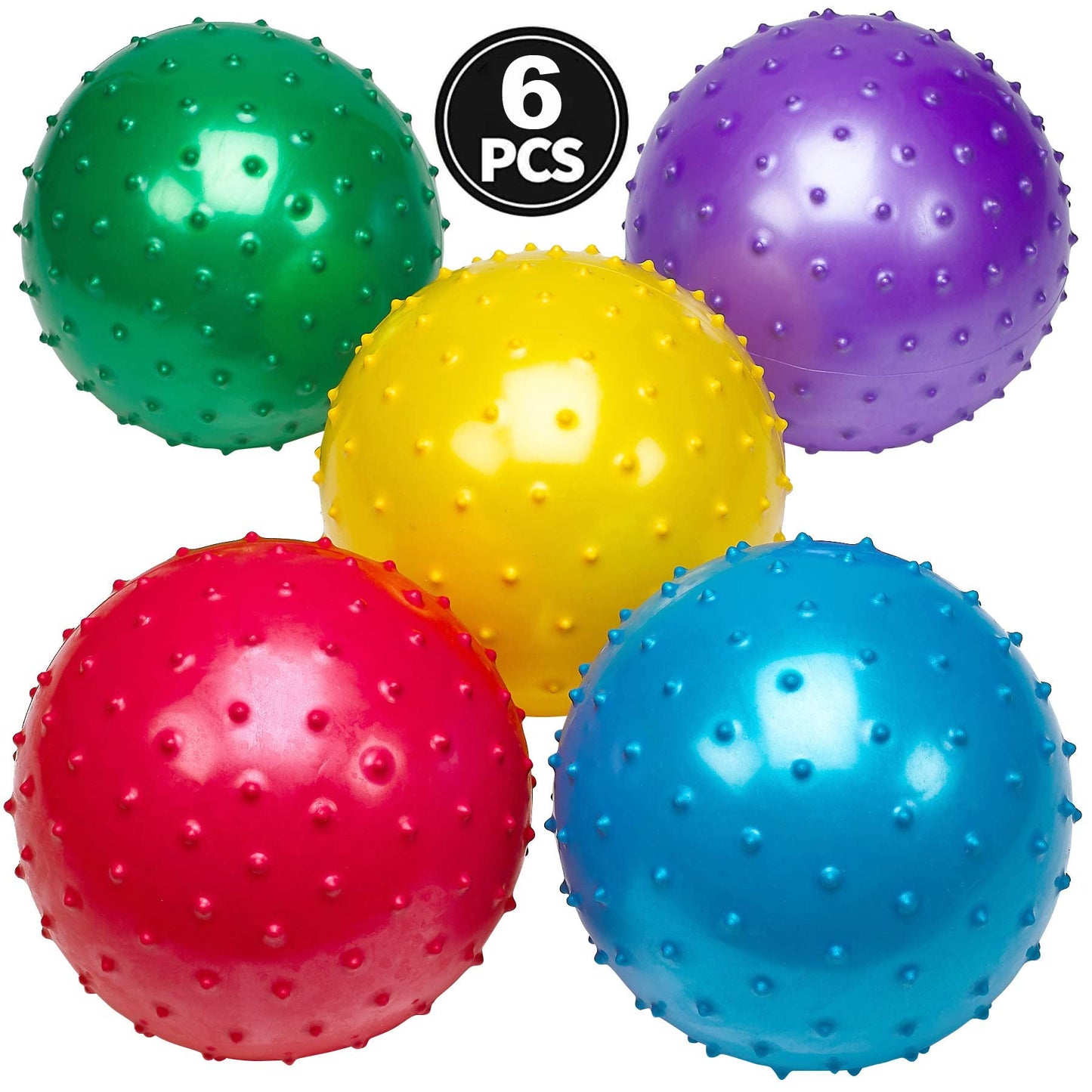 Bedwina Knobby Balls - (Pack of 6) Bulk 7 Inch Sensory and Spiky Massage Stress Balls for Toddlers, with Pump, Fun & Bouncy for Toddler, Kids Party Favors, Stocking Stuffers