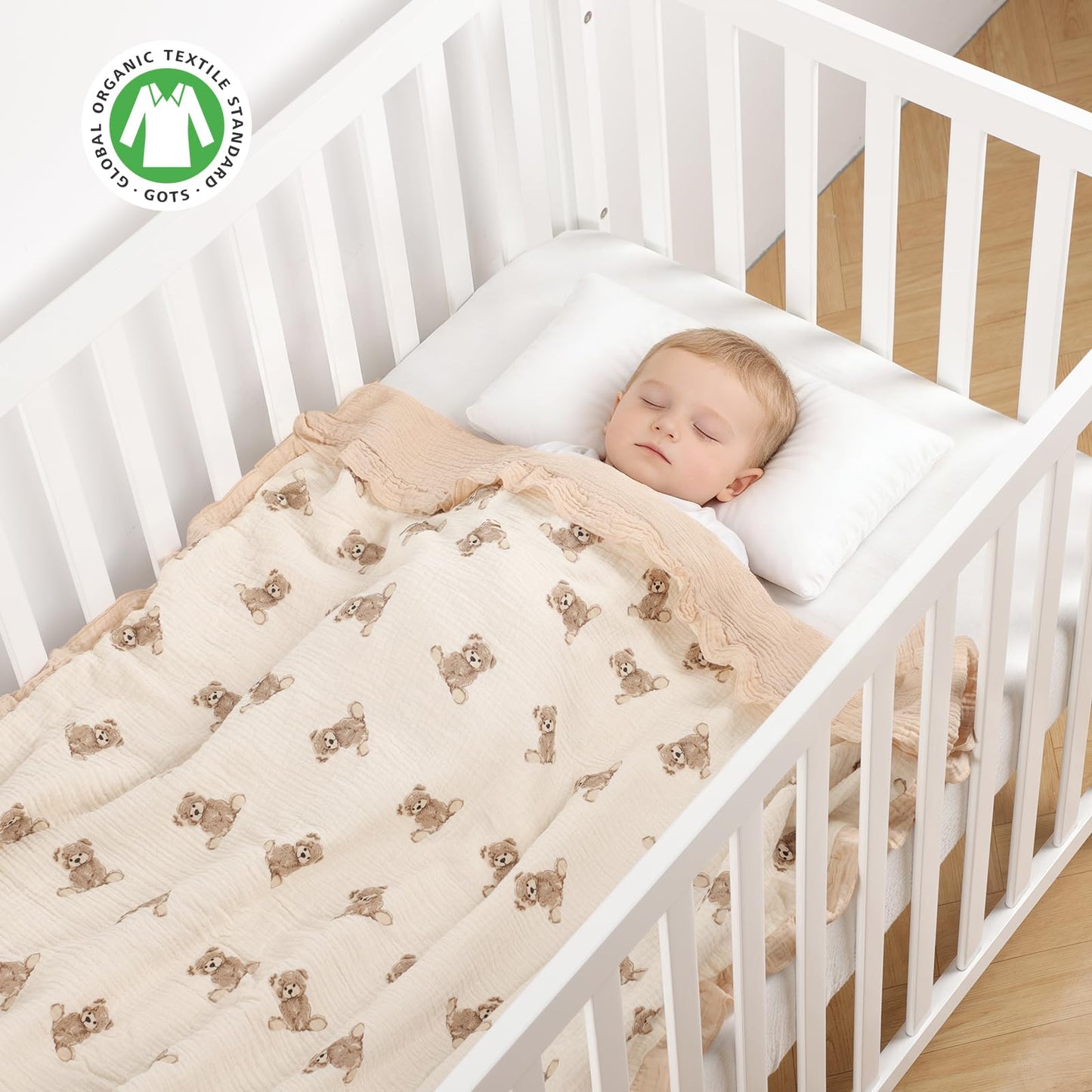 100% Organic Cotton Muslin Baby Blanket Flounce Edge Large 50"x43" Teddy Bear, Soft Breathable Toddler Quilt Crib Blankets Gender Neutral for Baby Boys and Girls Bassinet, Bed, Stroller & Snuggling