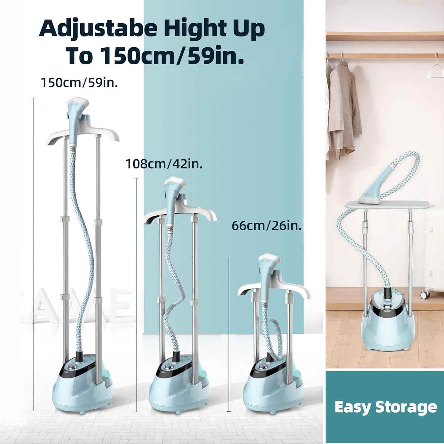 Upright Steamer for Clothes 1350W Turbo Boiler Standing Garment Steamer 1.6L Water Tank 1h Continuous Steam Flat&Hanging Ironing Double Retractable Rod 10 Modes 30s Fast Preheat for all Fabrics