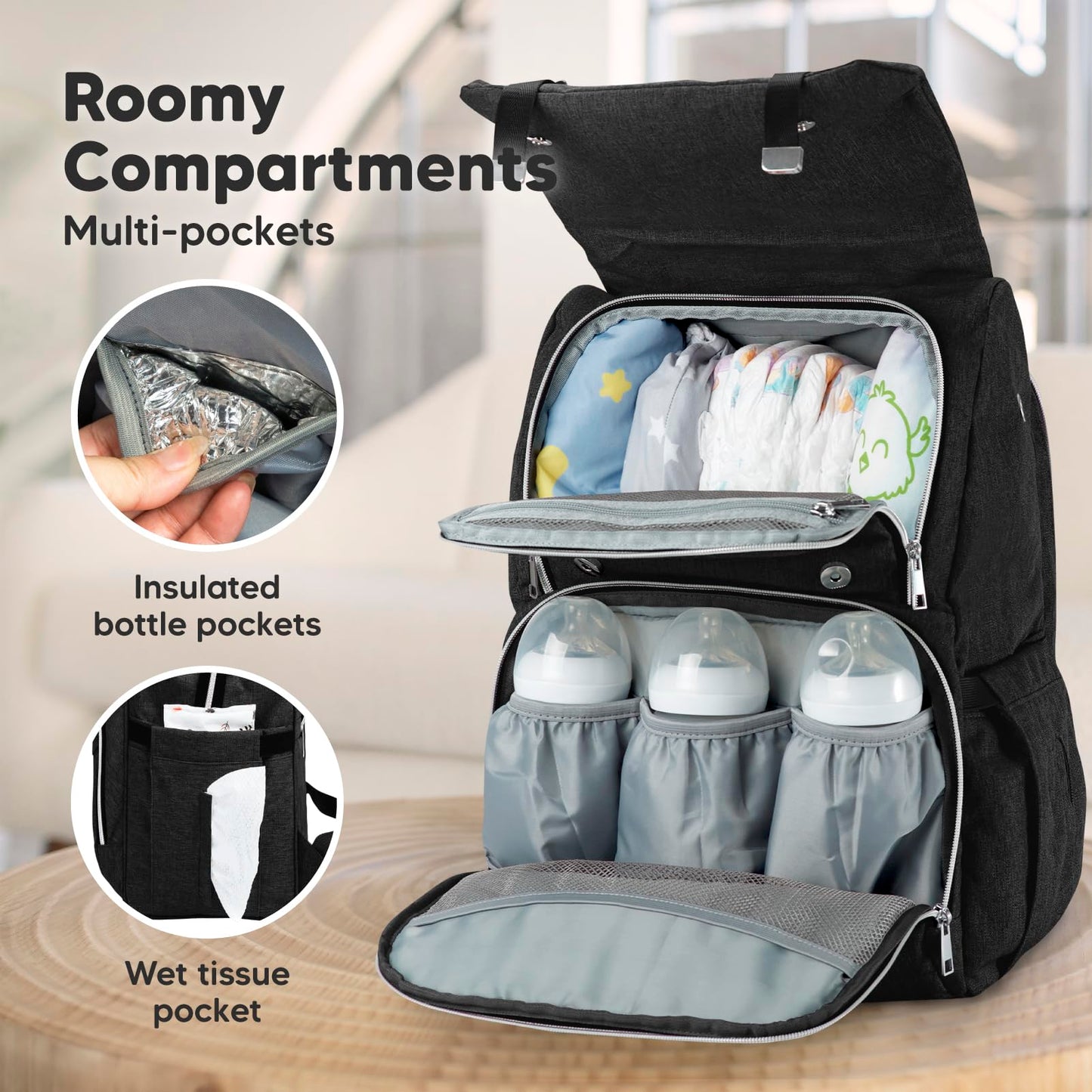 KeaBabies Baby Diaper Bag Backpack with Changing Pad - Waterproof Baby Bag for Mom and Dad, Insulated Bottle Pockets, Durable Toddler, Twin, Boy Girl Diaper Backpack for Travel, Large (Trendy Black)