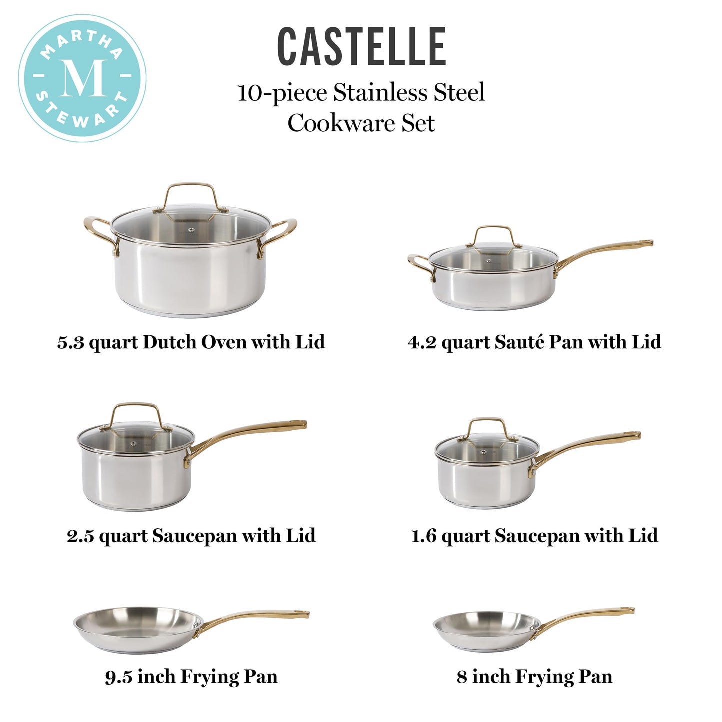 Martha Stewart Castelle 10 Piece 18/8 Durable Stainless Steel Induction Safe Pots and Pans Non-Toxic Kitchen Cookware Set - Gold Handles - Dishwasher Safe
