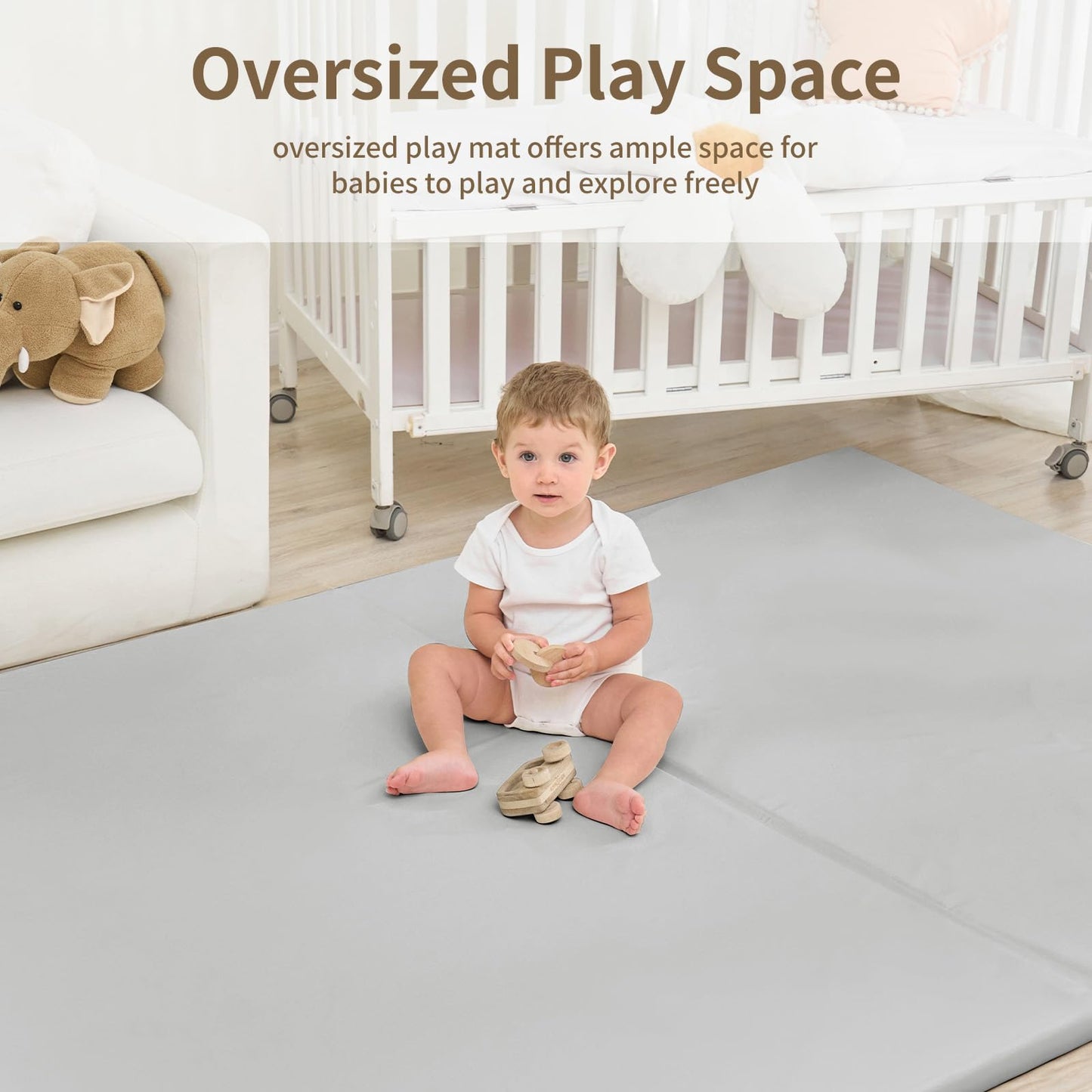 Yumiio Large Vegan Leather Baby Play Mat for Floor,1.3"Thick Foam 59x82 Foldable Waterproof Kids Play Mat,Stylish and Just Wipe-Clean Playmat for Baby Play on Floor (Grey)