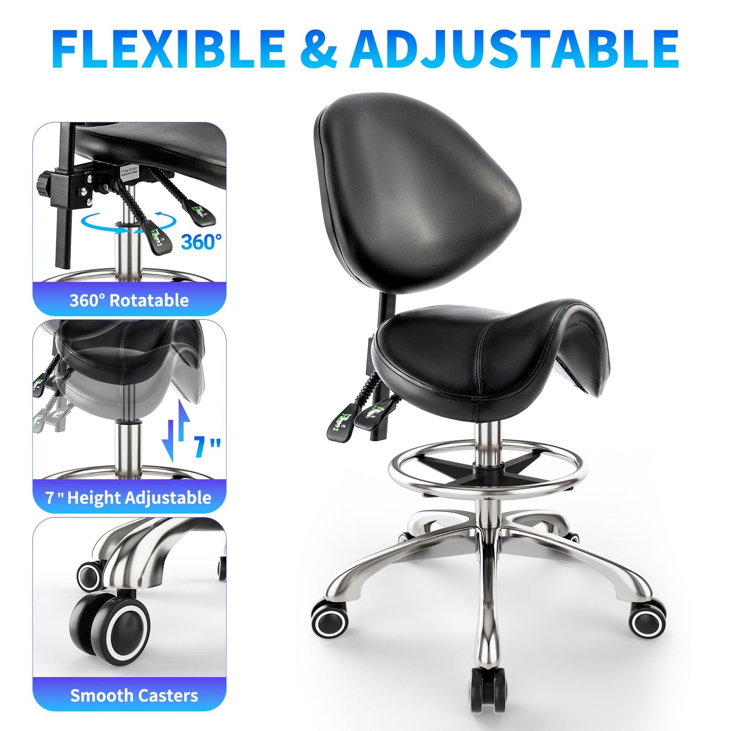 Saddle Chair with Back Support - Adjustable Height with Foot Rest，350 LBS Capacity Ergonomic，360° Swivel Drafting Chair for Salon，Spa，Massage，Tattoo，Facial lash，Home, Dentist Clinic (Black)