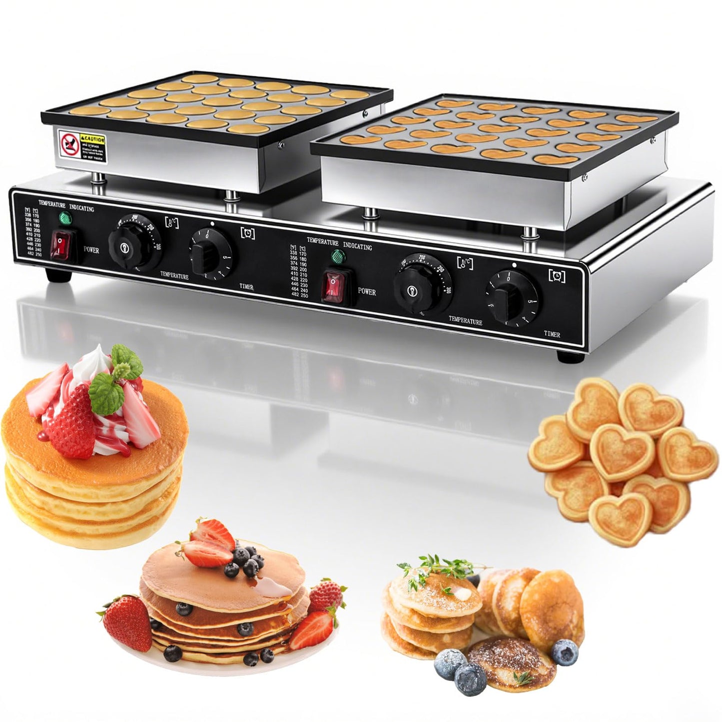 1800W Mini Pancake Maker 50Pcs Two-in-one Round-Shaped and Heart-Shaped Electric Dutch Pancakes Maker Nonstick and Quick Heat-Up for Kitchen Restaurant Breakfast Dessert