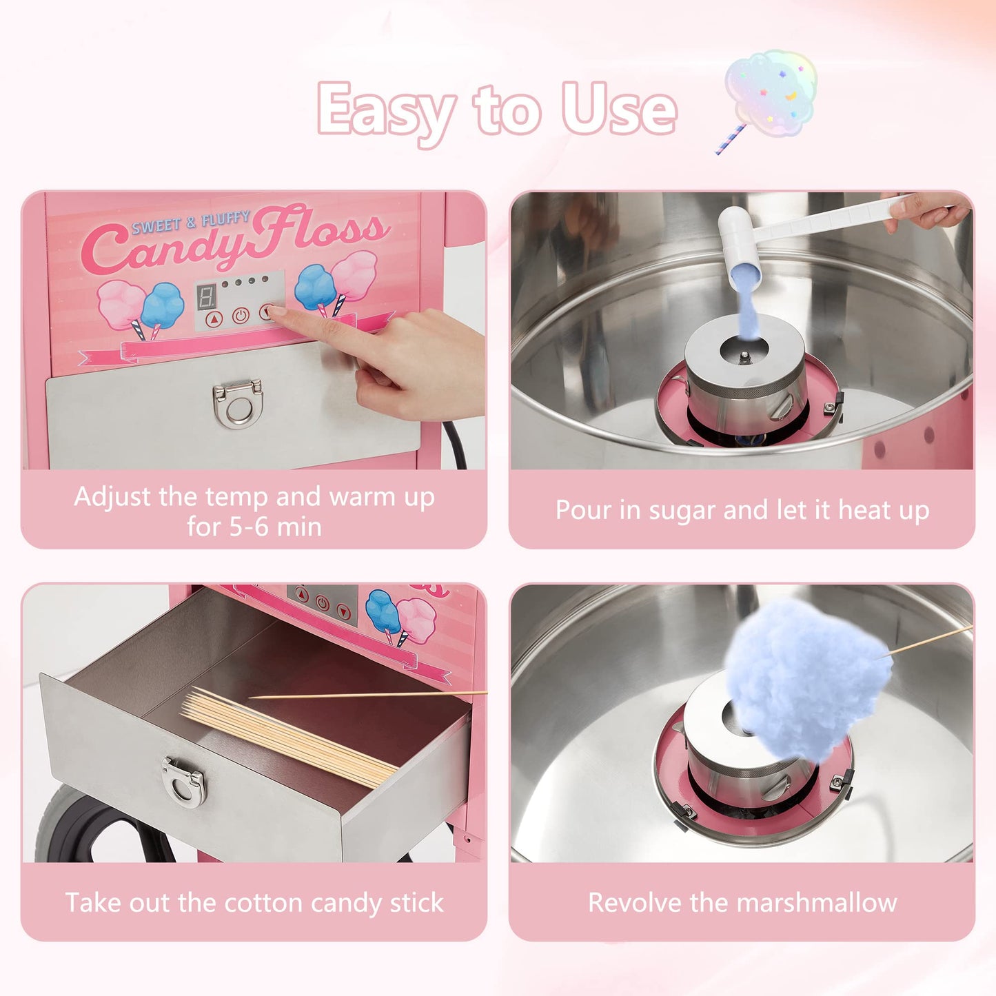 Electric Cotton Candy Machine,Stainless Steel Cart Cotton Candy Machine for Kids in Outdoors,with Sugar Spoons and Drawers,for Birthday Parties and Family Use,Pink