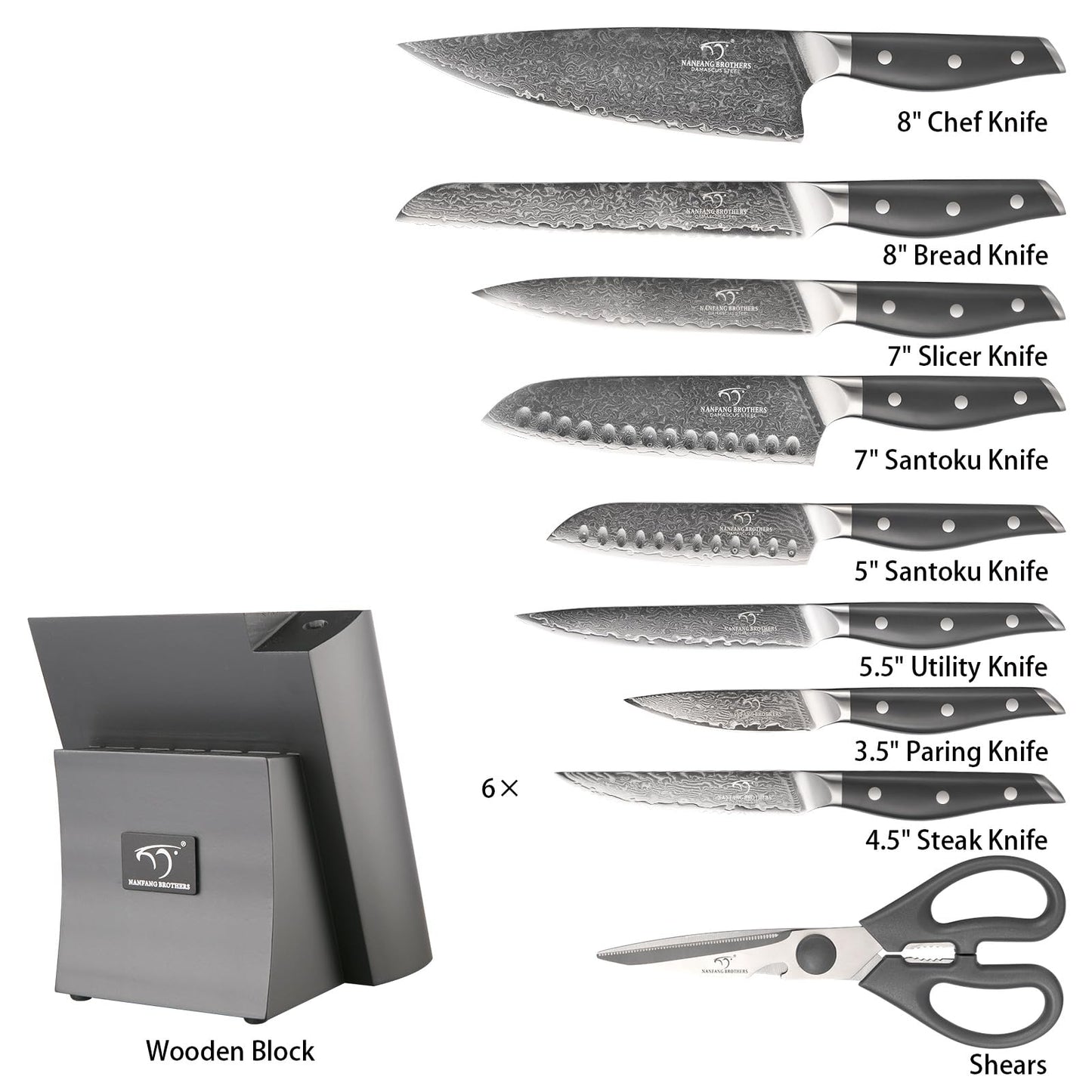 NANFANG BROTHERS Knife Set, 16-Pieces Damascus Kitchen Knife Set with Block, ABS Ergonomic Handle for Chef, Carving Fork, Disconnect-type Knife Block Set (Gray)