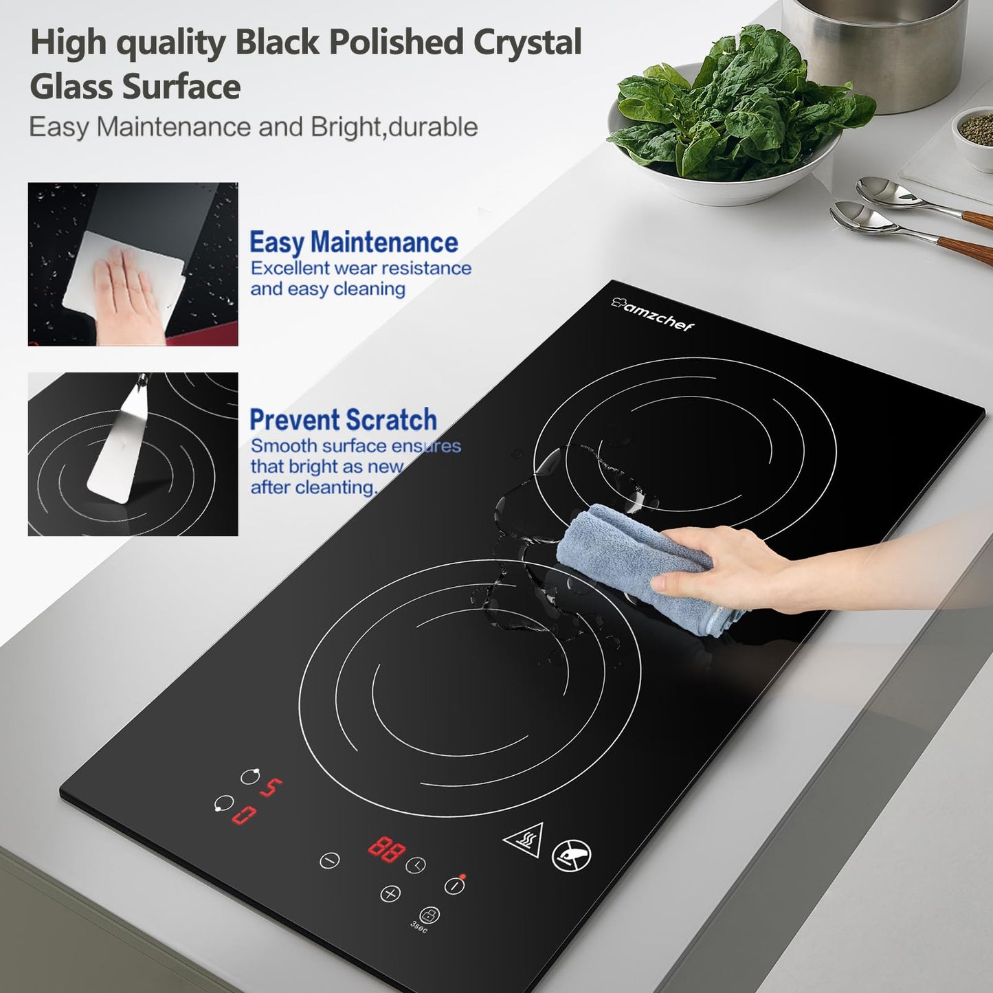 AMZCHEF Induction Cooktop 2 Burners, 12 Inch Bulit-in & Countertop Induction Stove with Plug 110V-120V, 9 Power Levels Electric Stove 1800W, Safety Lock, Timer, Touch Control for Fast Cooking