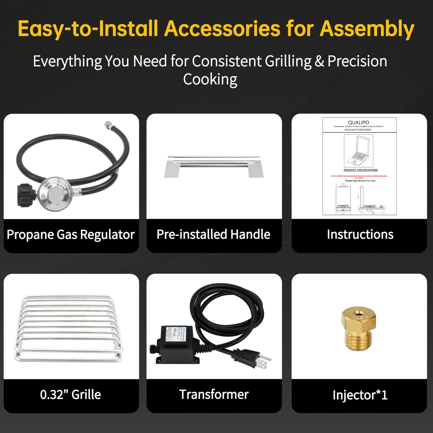 Qualipo Single Grilling Side Burner, 15,000BTU Liquid Propane for Outdoor Kitchen, Heavy-Duty 304 Stainless Steel, Convertible to Natural Gas, Built-in Single Side Burner for BBQ Grill Island