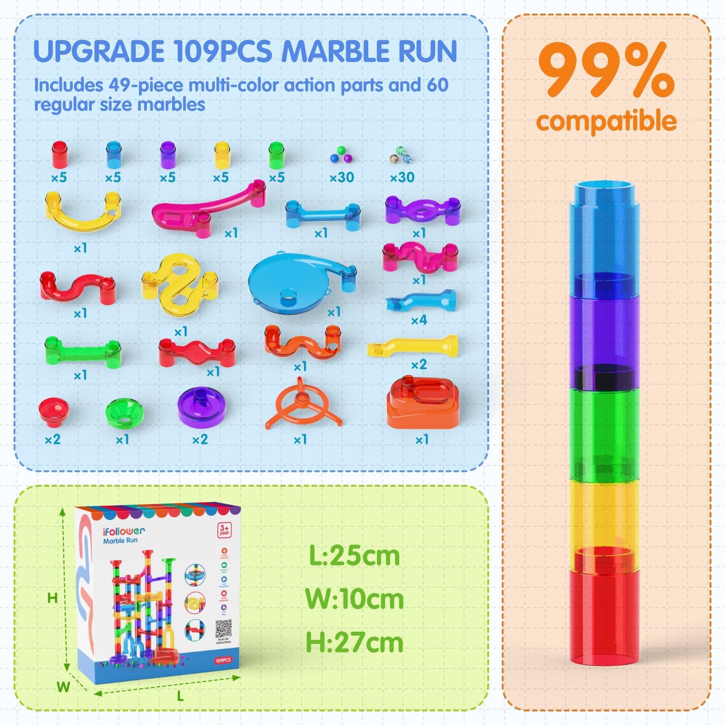 Ifollower Marble Run, 109Pcs Marble Maze Game Building Toys for Kid, Upgrade Mable Track Race Construction STEM Learning Toy, Birthday for Boys Girls Aged 3-12