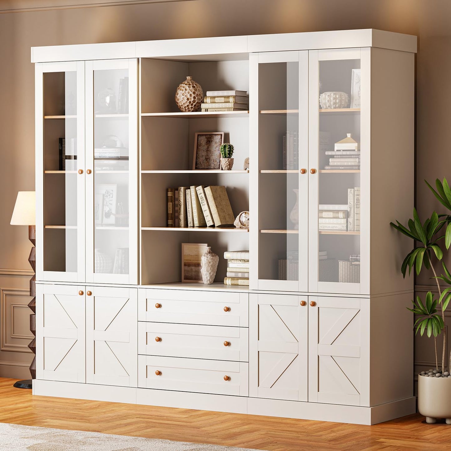 Vyre 71" Tall Farmhouse Kitchen Pantry, Large Storage Cabinets with Glass Doors, Freestanding Wood Hutch Cabinet with 3 Drawers, Adjustable Shelves for Living Room, Dining Room, Set of 3