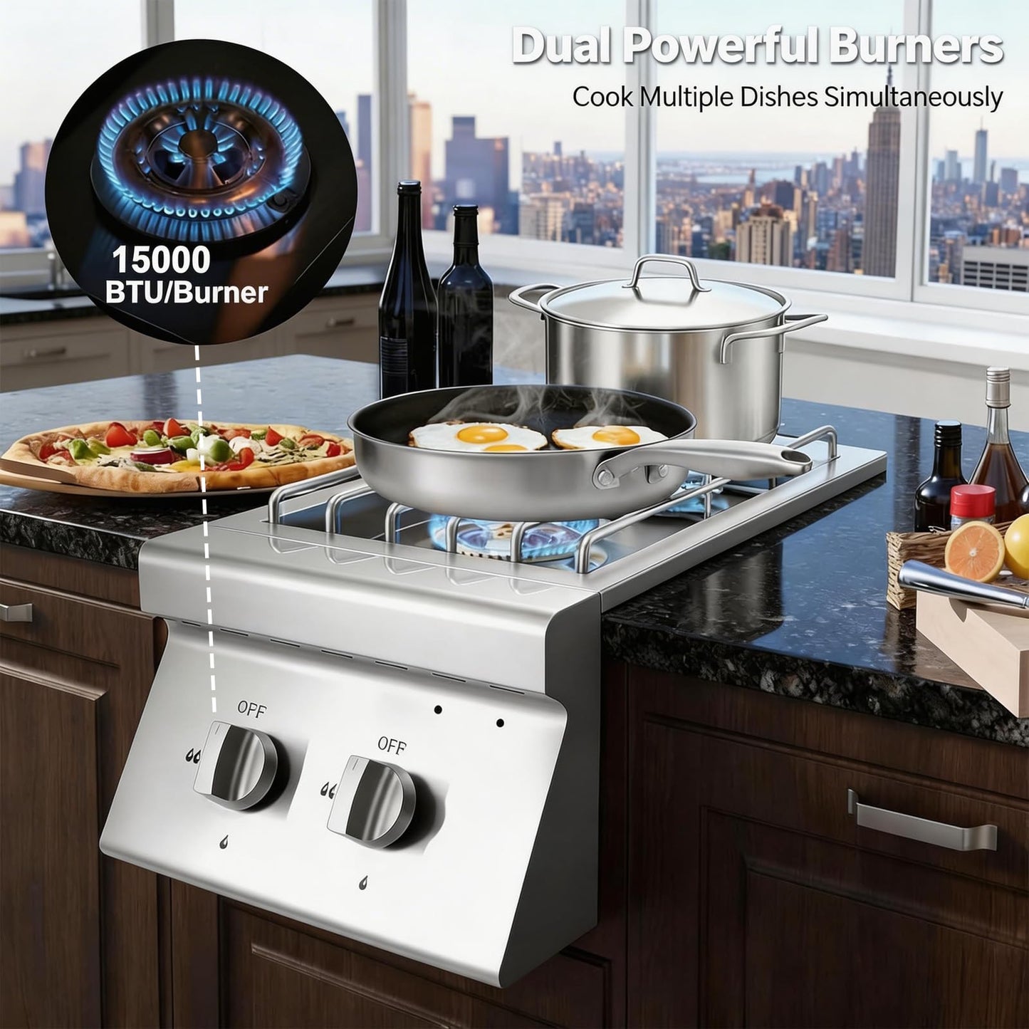 FammyLoft Liquid Propane Double Side Burners, 2x15,000BTU Built-in Double Grill Burners, Convertible to Natural Gas, 304 Stainless Steel Double Burners with Lid for BBQ Grill Island, Outdoor Kitchen