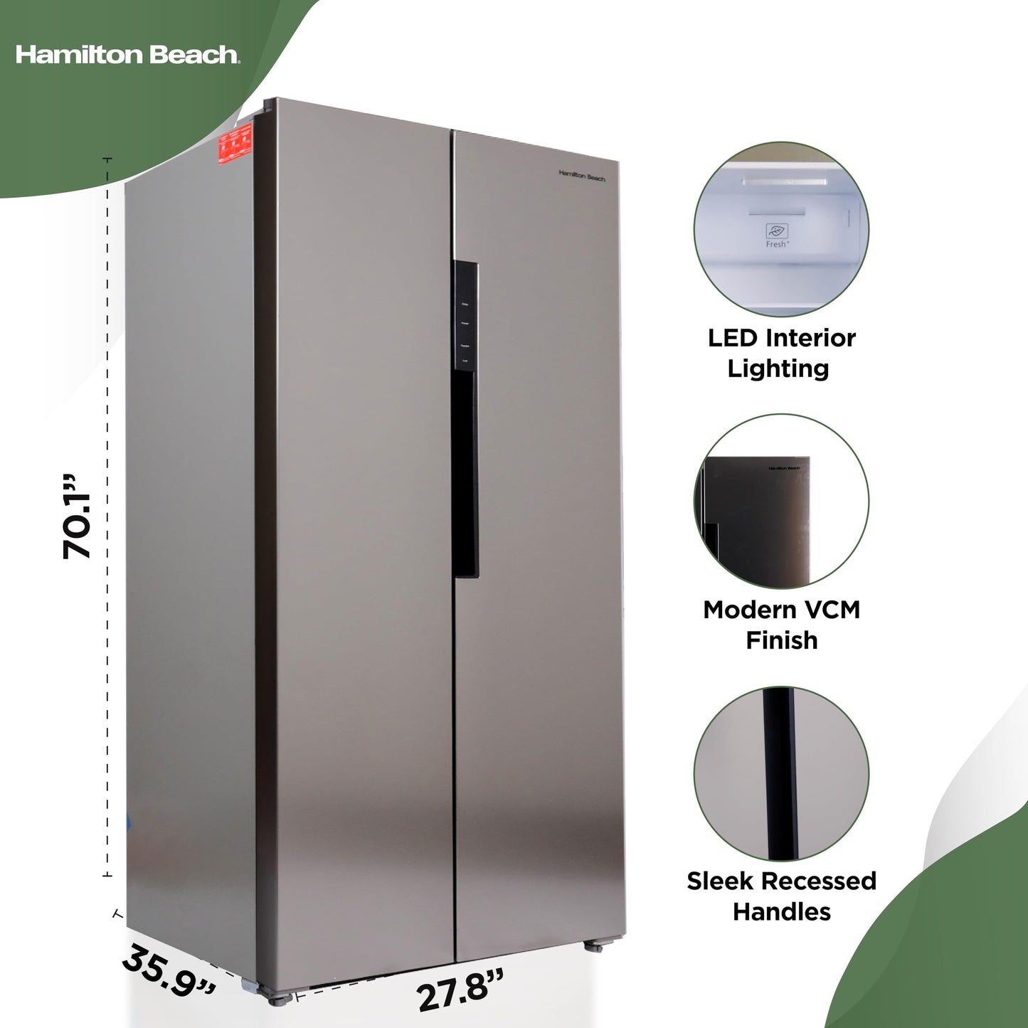 Hamilton Beach HBF1558 15.6 cu ft Counter Depth Full Size Refrigerator, Side Doors, Stainless