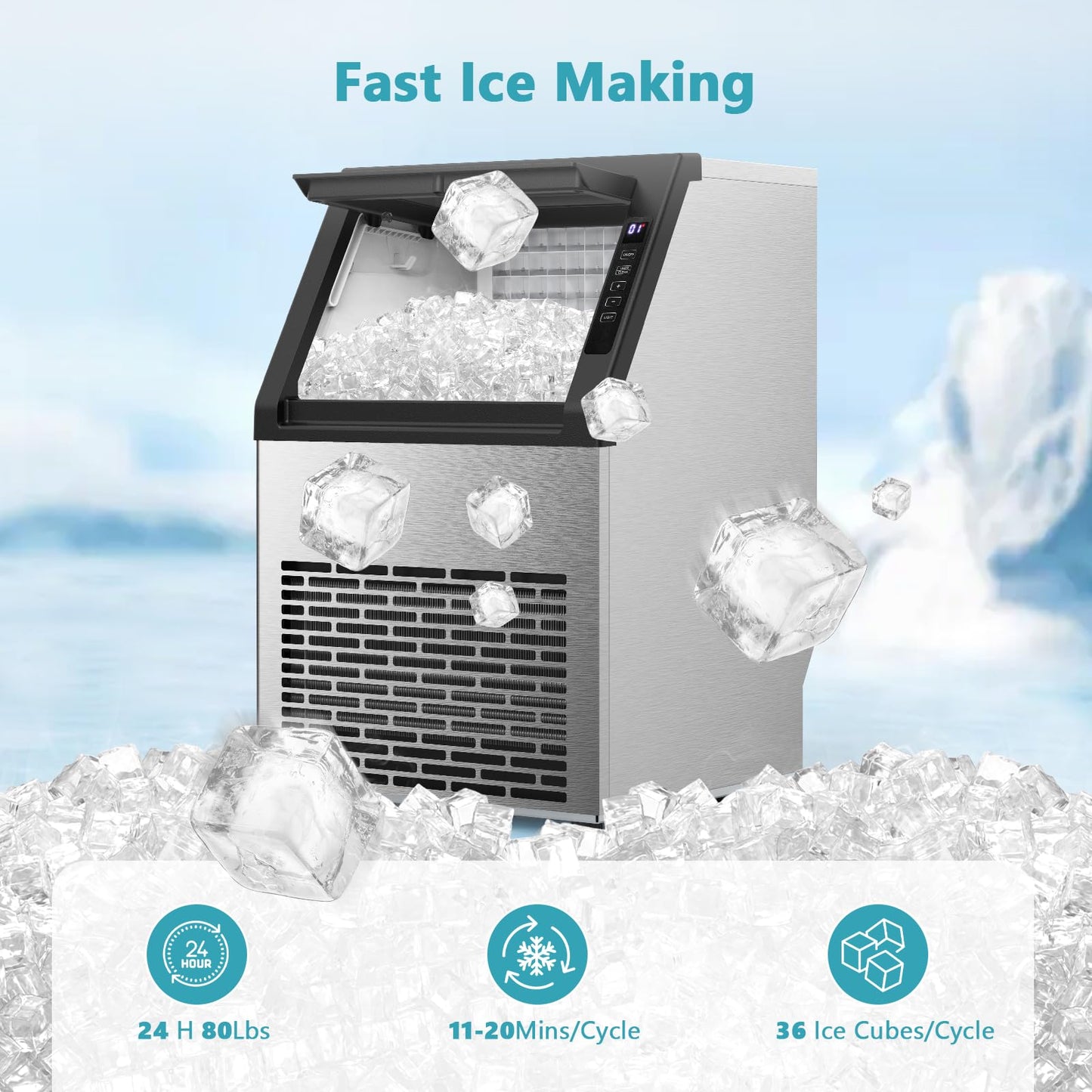 COWSAR Commercial Ice Maker Machine, 80Lbs/24H Stainless Steel Undercounter Ice Maker with 24Lbs Storage Capacity, Self-Cleaning Freestanding Ice Machine for Home, Bar, Restaurant, Office, Outdoor