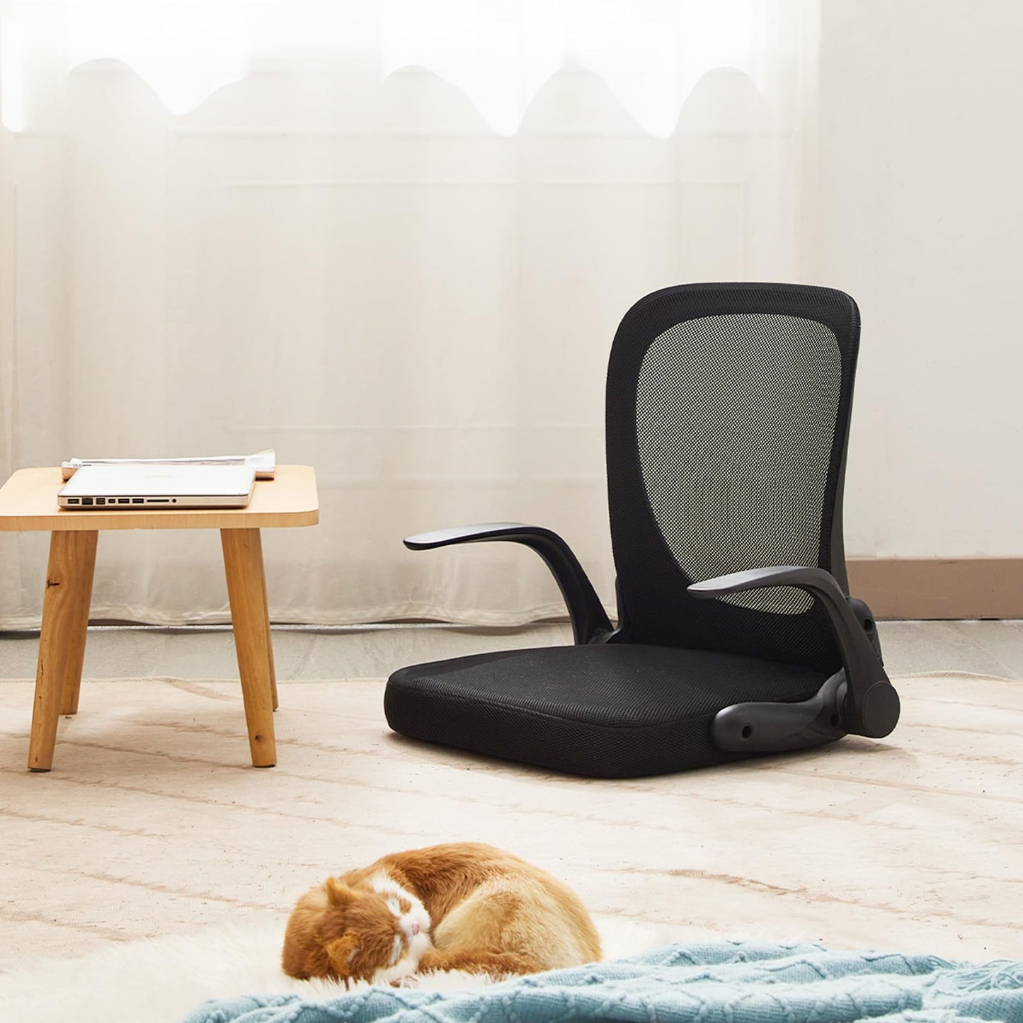 CoVibrant Ergonomic Floor Chair Foldable - Adjustable Armrest & Mesh Back, Thick Cushioned Seat for Gaming Reading Meditation, Multi-Use for Living Room, Bed, Tatami
