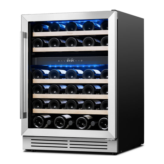Yeego Wine Fridge Cooler - 24 Inch Dual Zone Wine Fridge Hold 52 Bottles, 40-65°F Wine Refrigerator Glass Door, Built in Fridge, Freestanding Adjustable Shelves Fridge for Beer Soda Drink Home Bar
