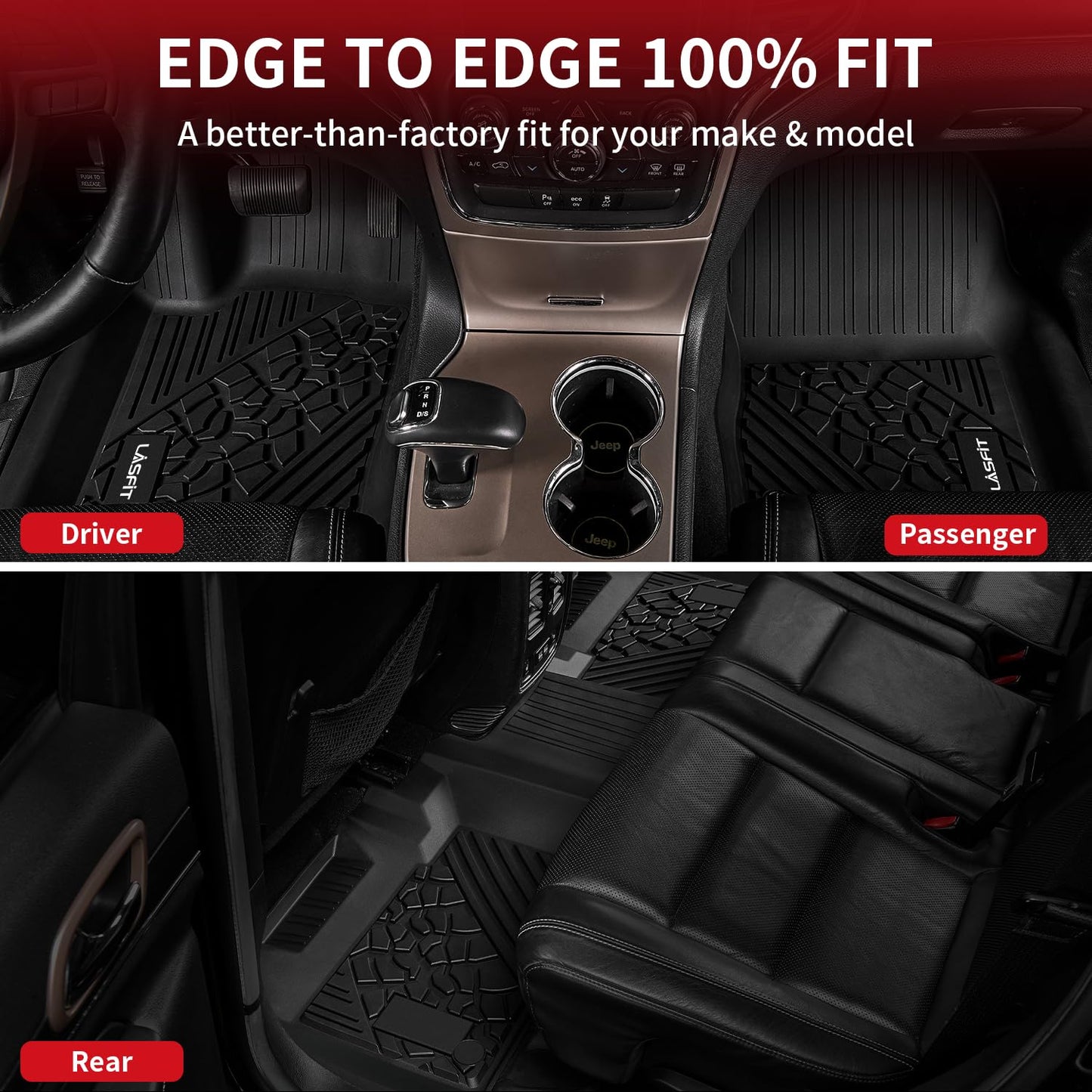 LASFIT Floor Mats for Jeep Grand Cherokee 2016-2021 5-Seat, for Dodge Durango 2016-2026 5-Seat (Not for 6-Seat), All Weather TPE Custom Fit Trunk Liners Car Floor Mats Black
