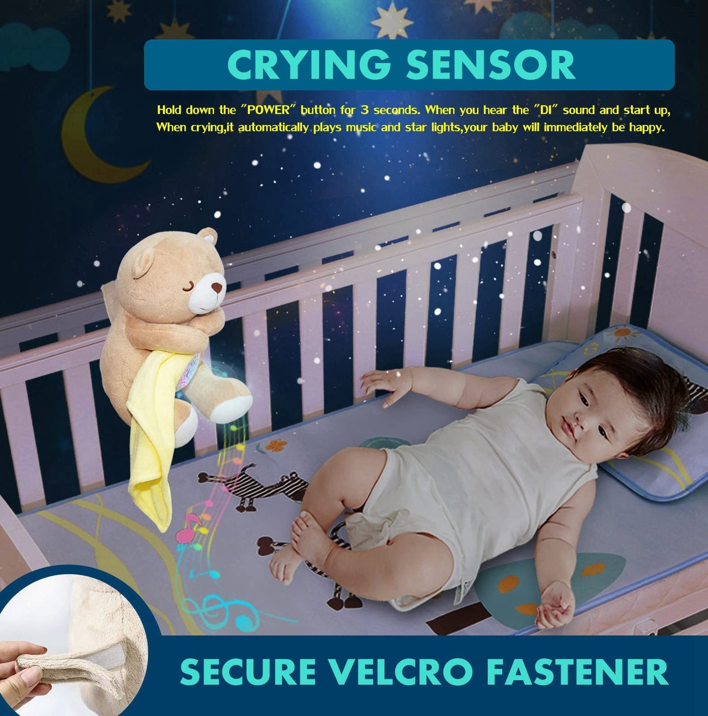Baby Sleep Soother, Cry Activated Sensor Teddy Bear Lullabies & Mom Heartbeat, Nursery Toddler Star Night Light Projection Sleep Aid, Unique Girl, Baby boy and New Baby Gifts