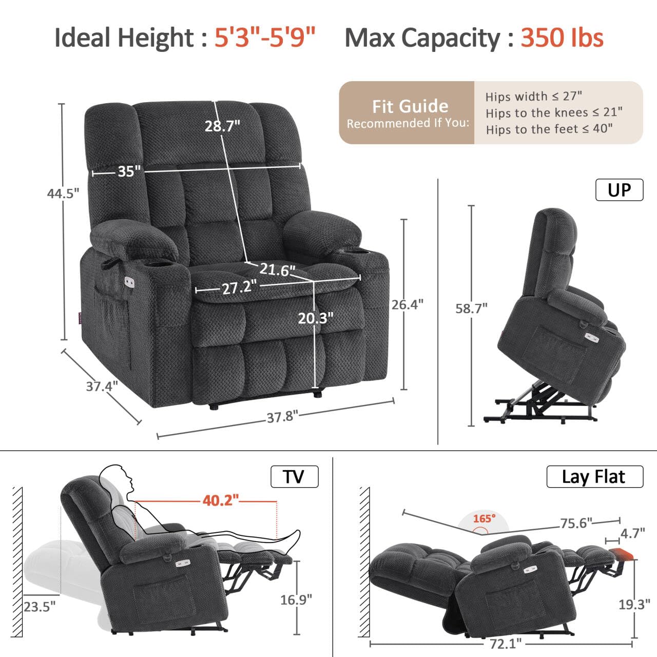 MCombo Dual Motor Power Lift Recliner Chair for Elderly, Lay Flat Lift Chair with Heat and Massage, Extra Wide Lift Recliner for Big People, Cup Holders, Fabric R7897 (Dark Gray, Medium-Wide)