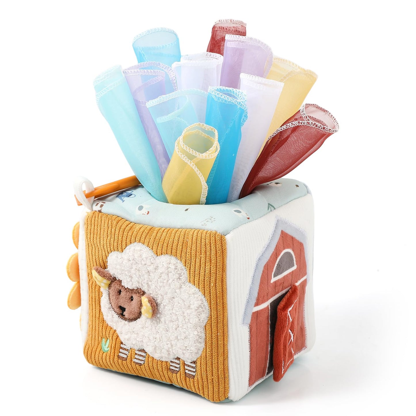 let's make Baby Tissue Box Toy, Farm Montessori Sensory Toys 6-12 Months, Play Silks & Crinkle Tissues with 3D Corduroy, Mirror, Squeaky Cow & Travel Clip - Fine Motor Skills Baby Girl Boy Gifts