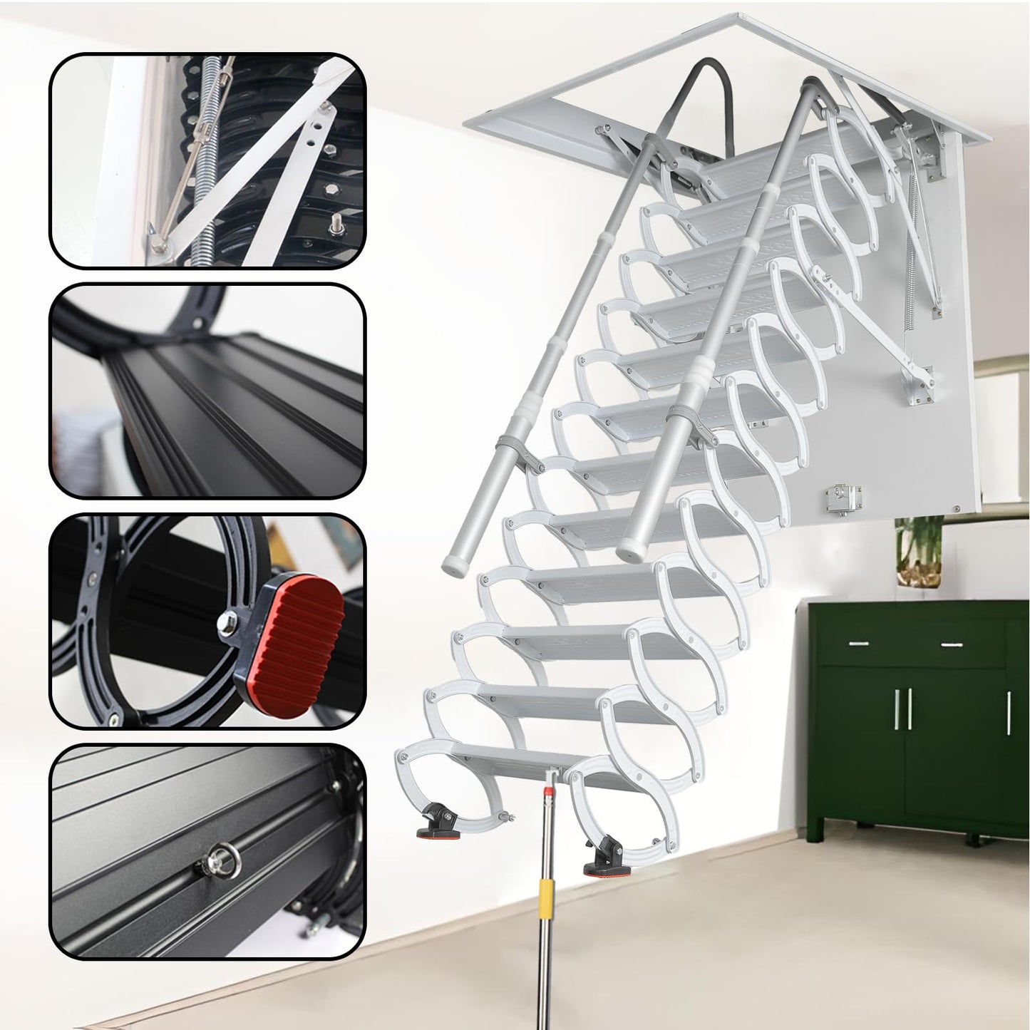 Ceiling Mount Attic Ladder, Retractable Attic Ladder Ceiling Pull Down System, 12 Steps Folding Loft Step with Armrests, Hidden Mount Attic Extension Stairs for Garage(White, Step 12)