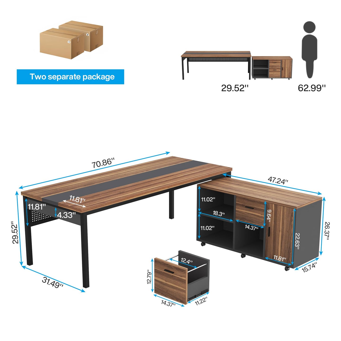 Tribesigns 71 inch Executive Desk, L Shaped Desk with Mobile File Cabinet, Executive Office Table with 2 Drawers and Storage Shelves, Business Furniture Workstation for Home Office, Walnut and Black