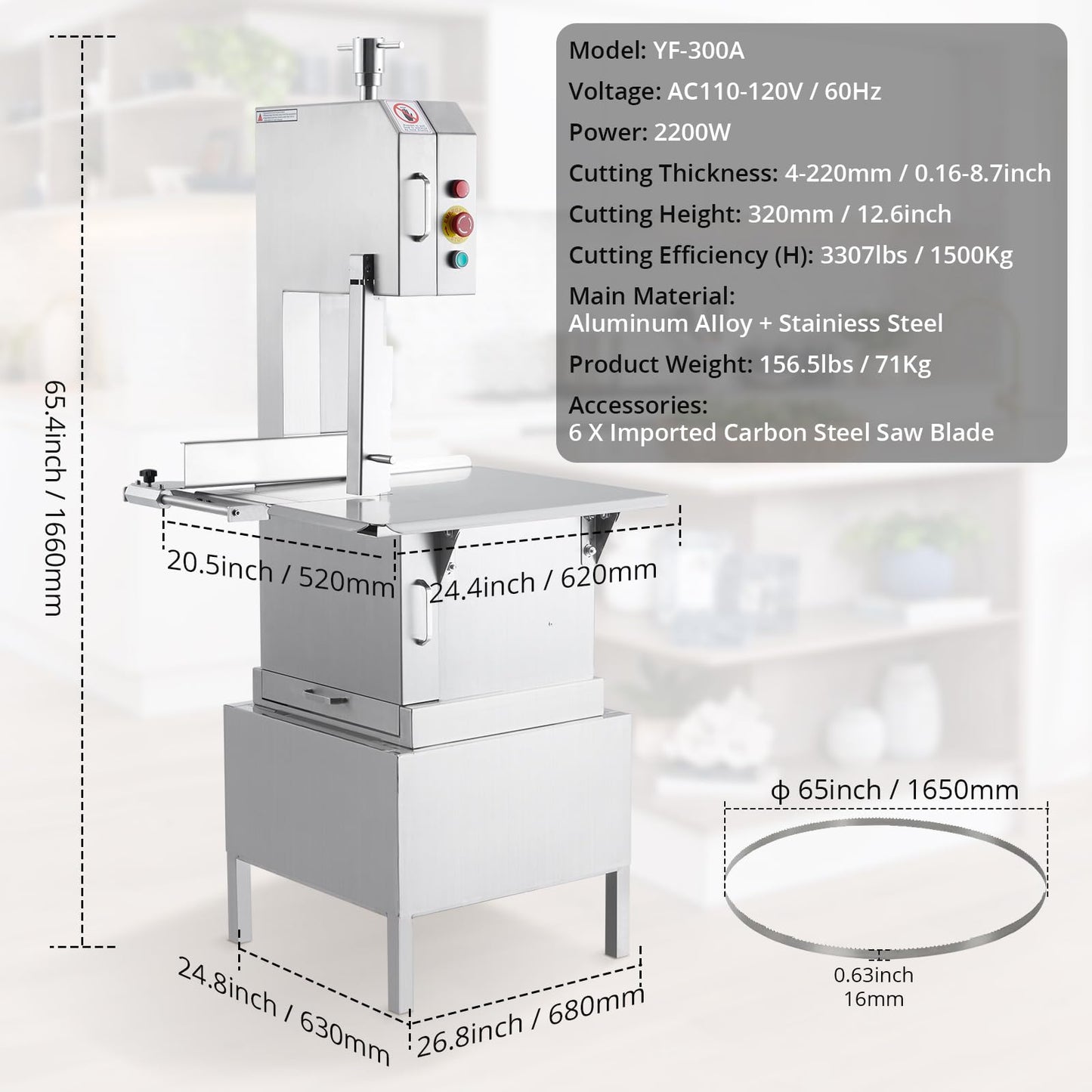 GarveeTech Electric Bone Saw Machine, 850 w Countertop Commercial Meat Saw, Stainless Steel Workbench Bone Cutting Bandsaw, 4 in Max Cutting Thickness, Sawing Speed 15 m/s Frozen Meat Cutter