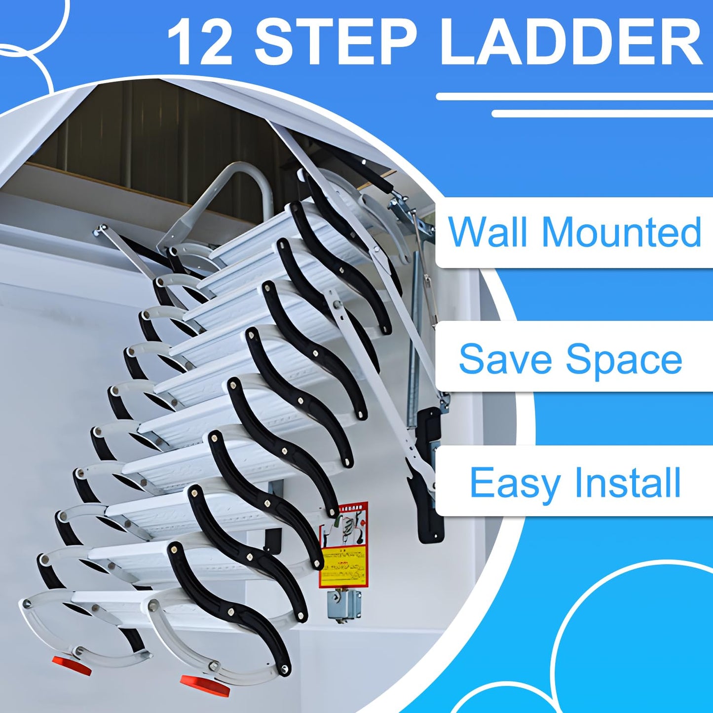 YIRCELOM Wall-Mounted Folding Stairs, 12 Steps, 3.2m Folding Loft Staircase with Handrails, Telescoping Attic Ladder with Pull Down System, Retractable Loft Ladder, Up to 600lbs, for Indoor Outdoor