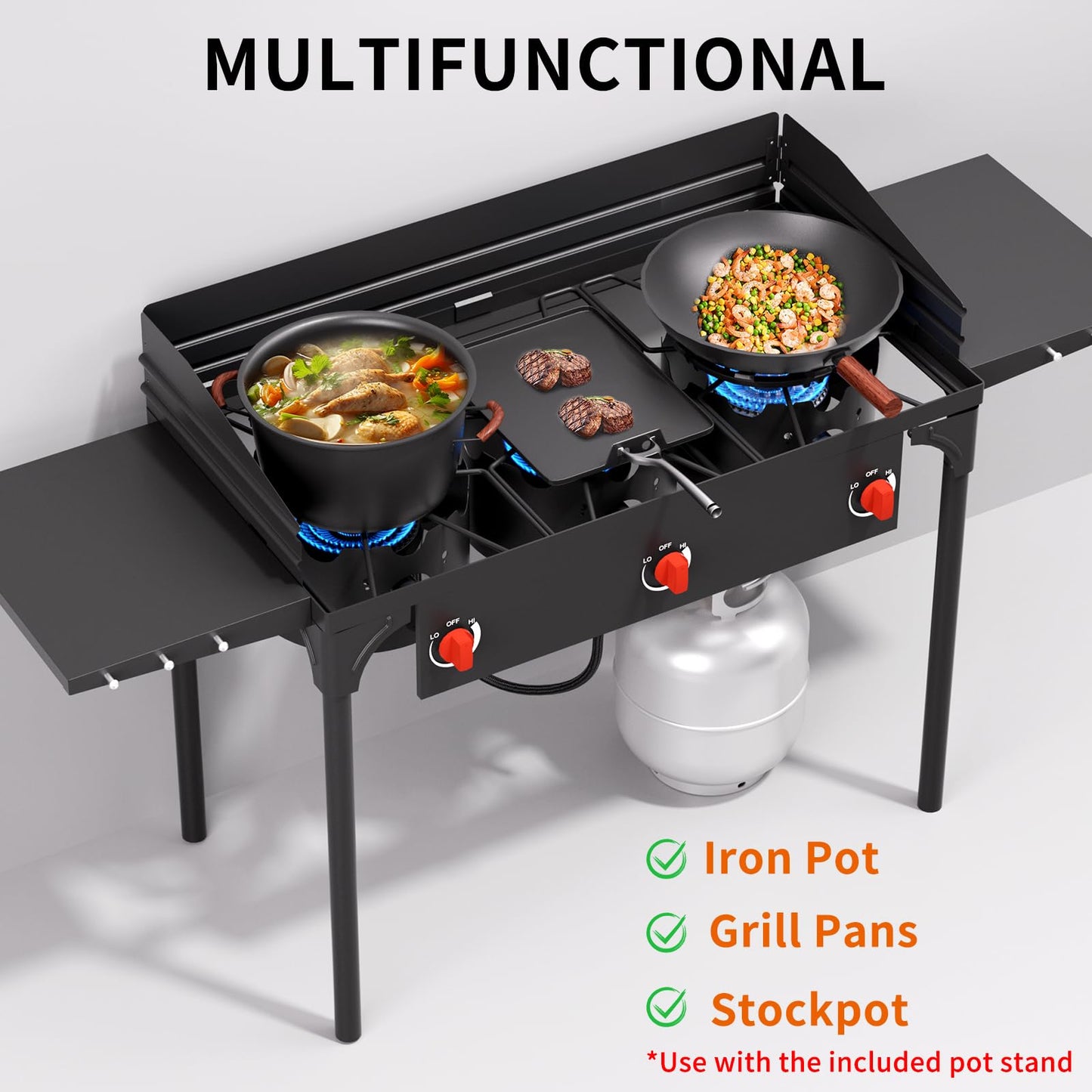 SKOK 3 Burners Portable Propane Stove with Wind Panel&Side Shelves, Camping Propane Stove, Outdoor Stove for Camping