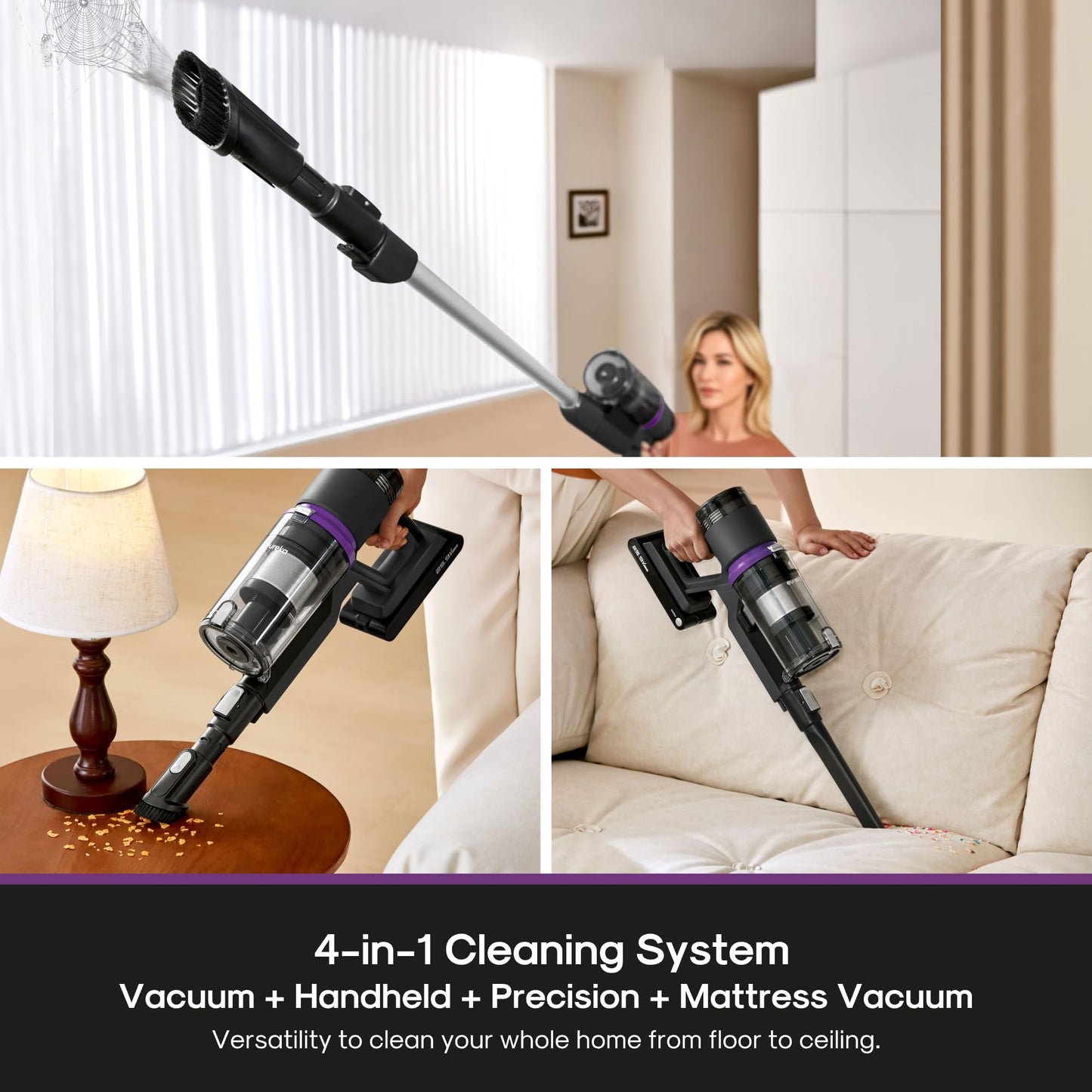 Eureka Cordless Vacuum Cleaner Lightweight, Stick Vacuum Rechargeable for Hardwood, Pet Hair, Black, ReactiClean 410