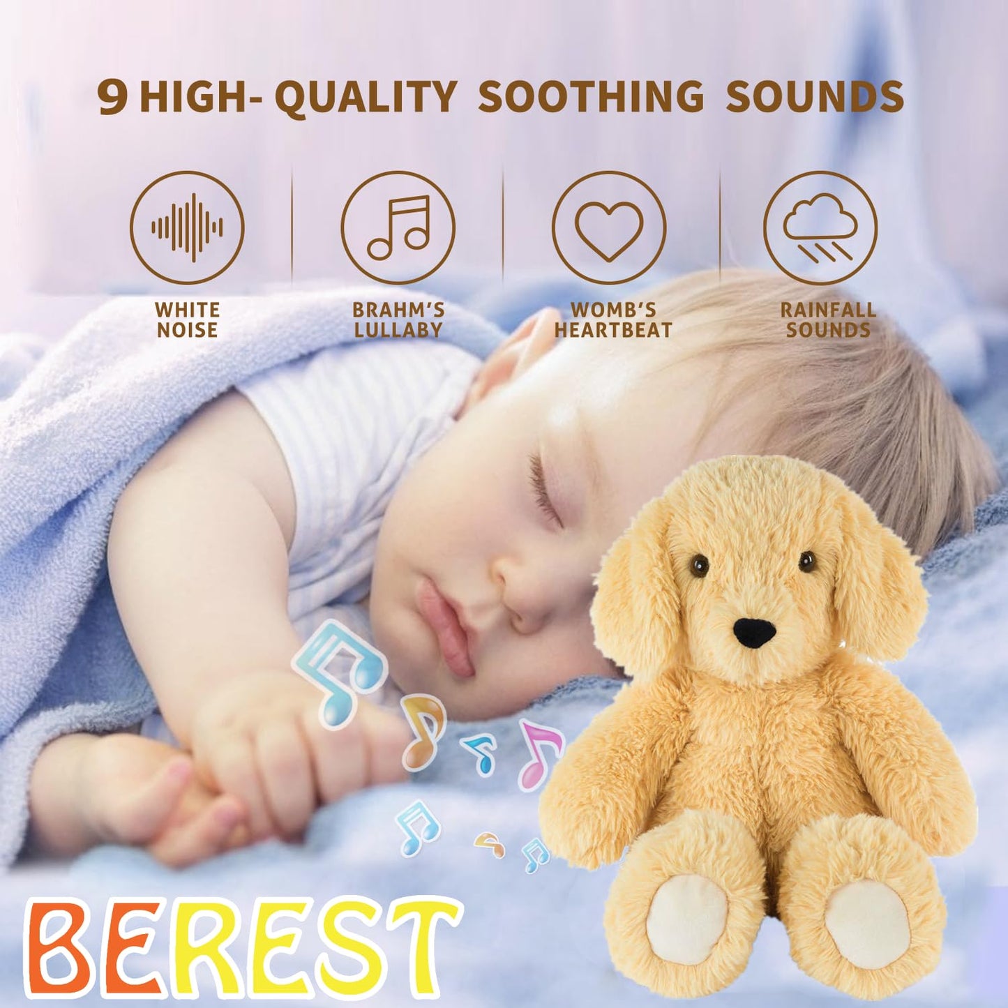 BEREST Baby Cry Sensor Sleepy Dog Sleep Soother Sleeping Aid White Noise Infant Stuffed Animal Puppy Dog Toy, Nursery Decor with Night Light, Mom‘s Heartbeat 9 Sounds Therapy for Toddler Crib
