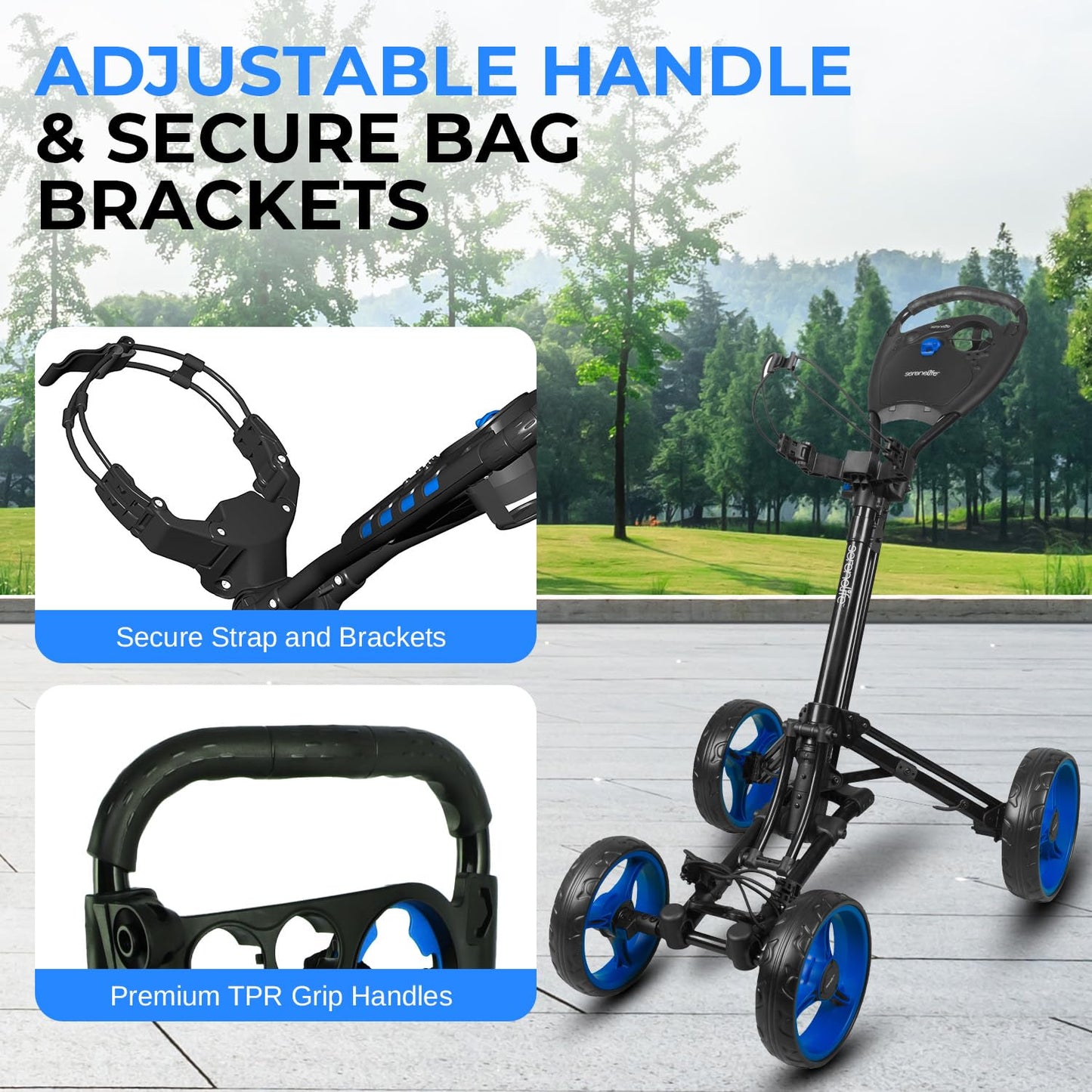 SereneLife 4 Wheel Golf Push Cart, Durable Aluminum Frame Folding Golf Hand Cart with Adjustable Handle, Brakes, Storage Holder, Lightweight and Collapsible Design for Easy Transport