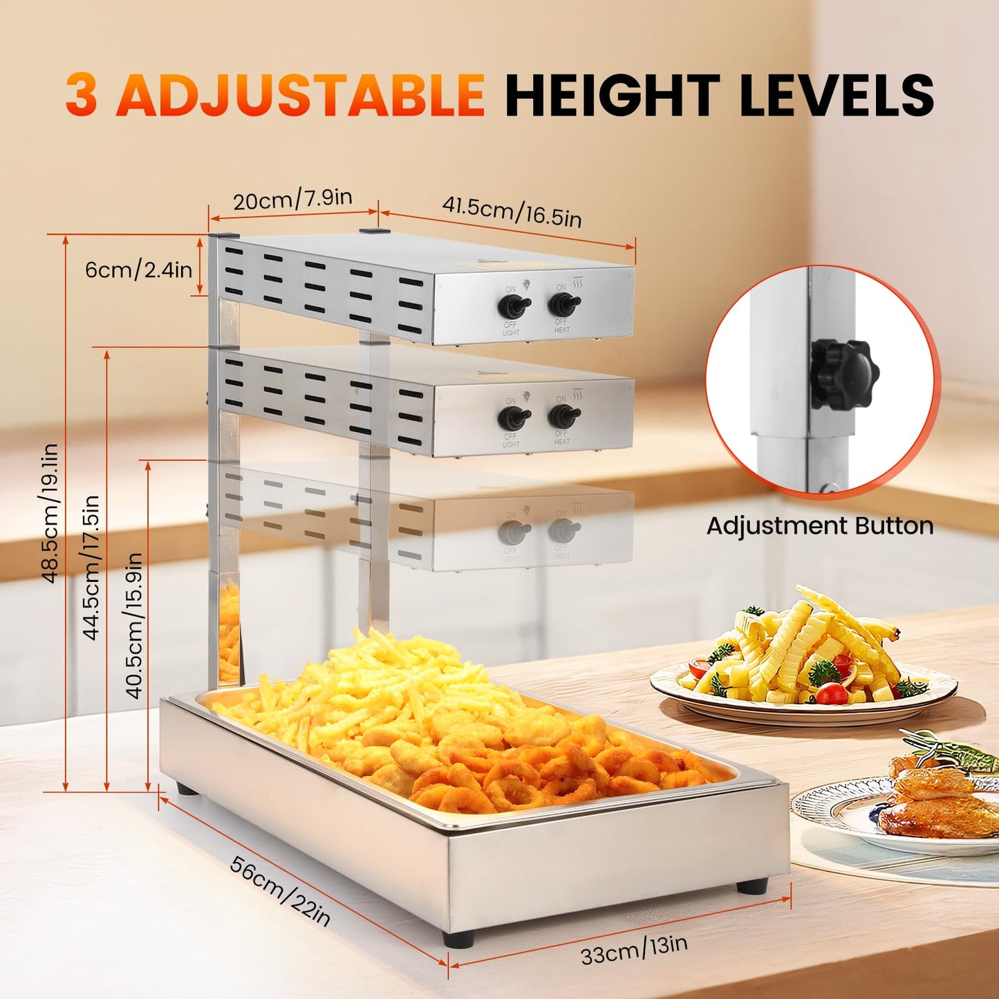 Dyna-Living French Fry Warmer - 3 Level Adjustable Height French Fry Warmer Commercial 10L Countertop French Fries Heat Lamp Commercial Food Heating Lamp for Food Truck Chips Buffet Restaurants 500W