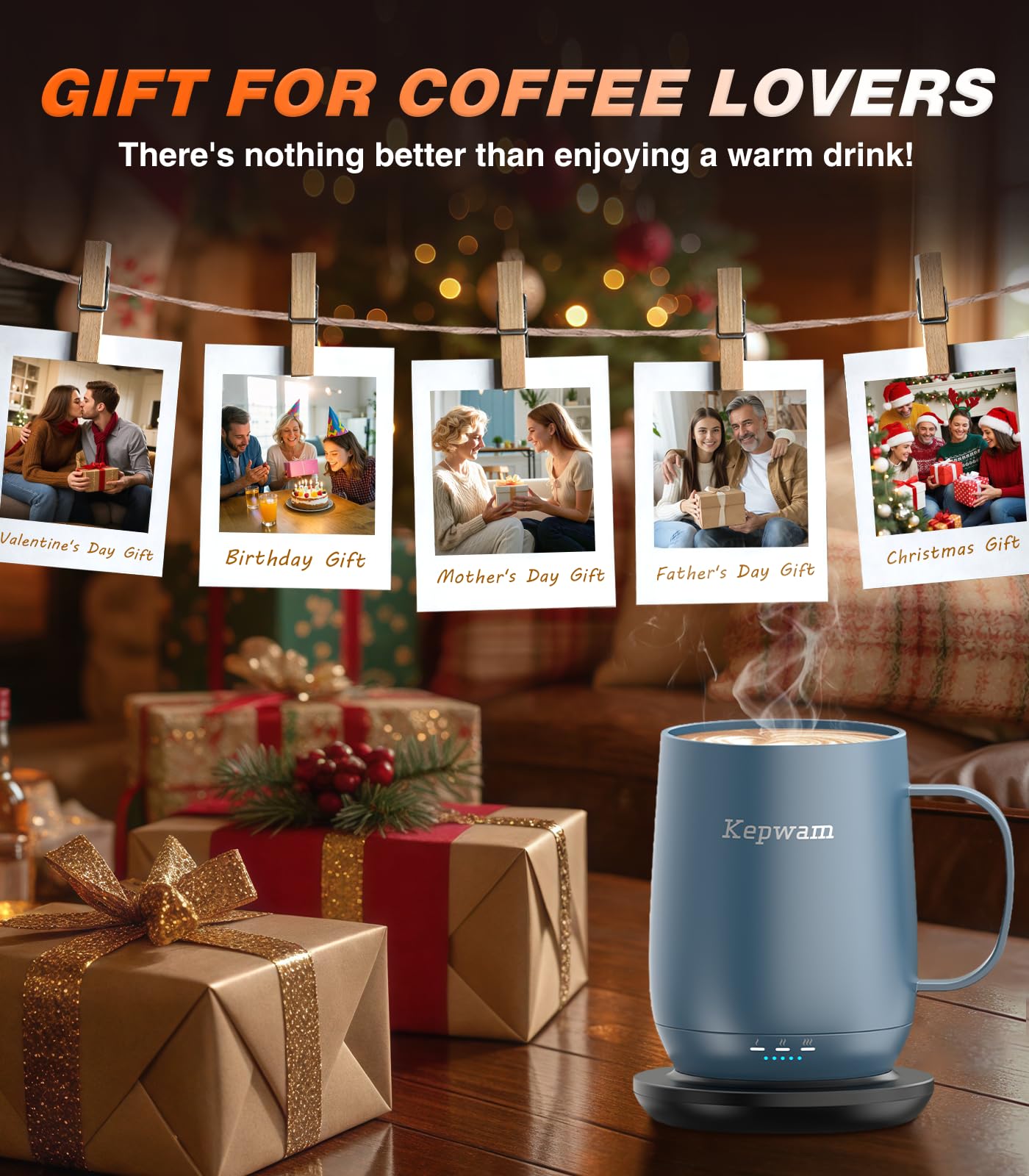 Kepwam Self Heating Coffee Mug T2, 16oz Smart Heated Coffee Mug, 150 Min Battery Life - Hot up to 149℉ Temperature Control Coffee Mug Warmer, Gifts for Dad Mom (No APP)