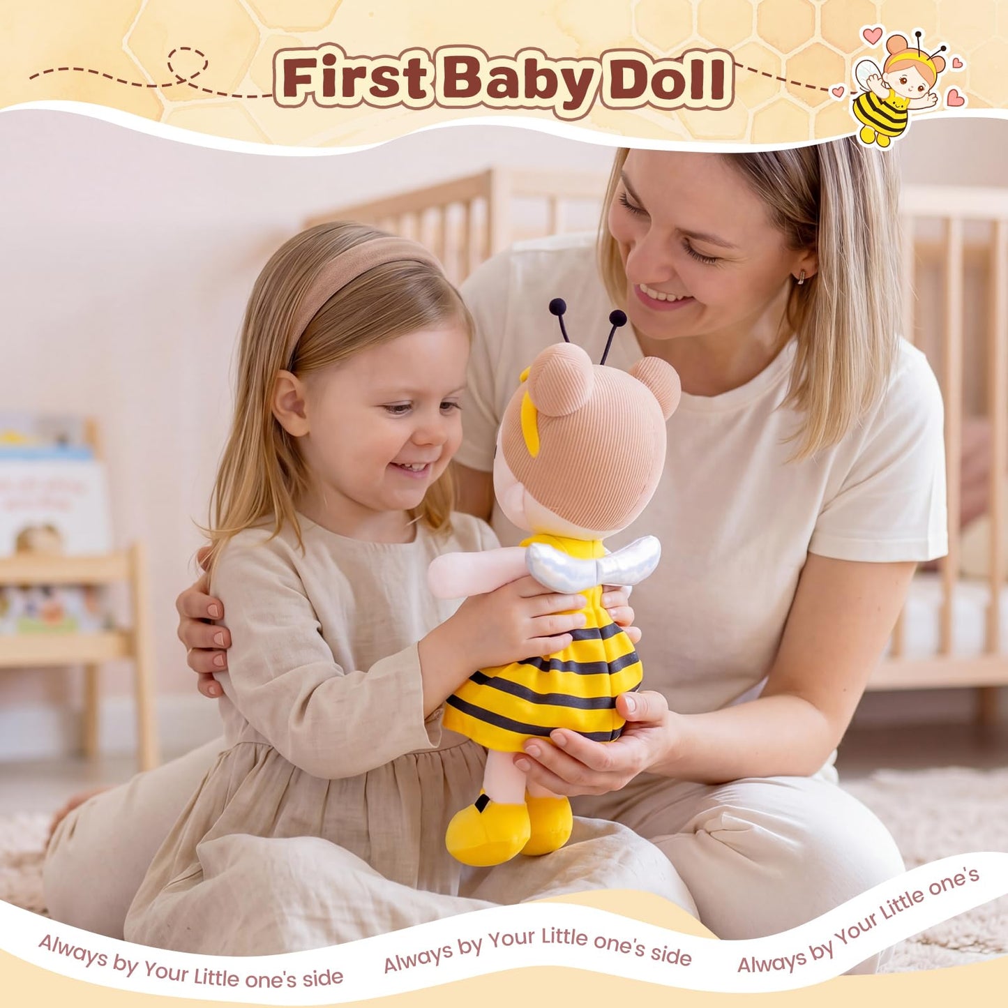 OUOZZZ 12.6" Soft Baby Doll - Toys for 1 Year Old Girl Ideal Birthday Baby Girl Gift, Snuggle Buddy for Infants Yellow Bee Dress
