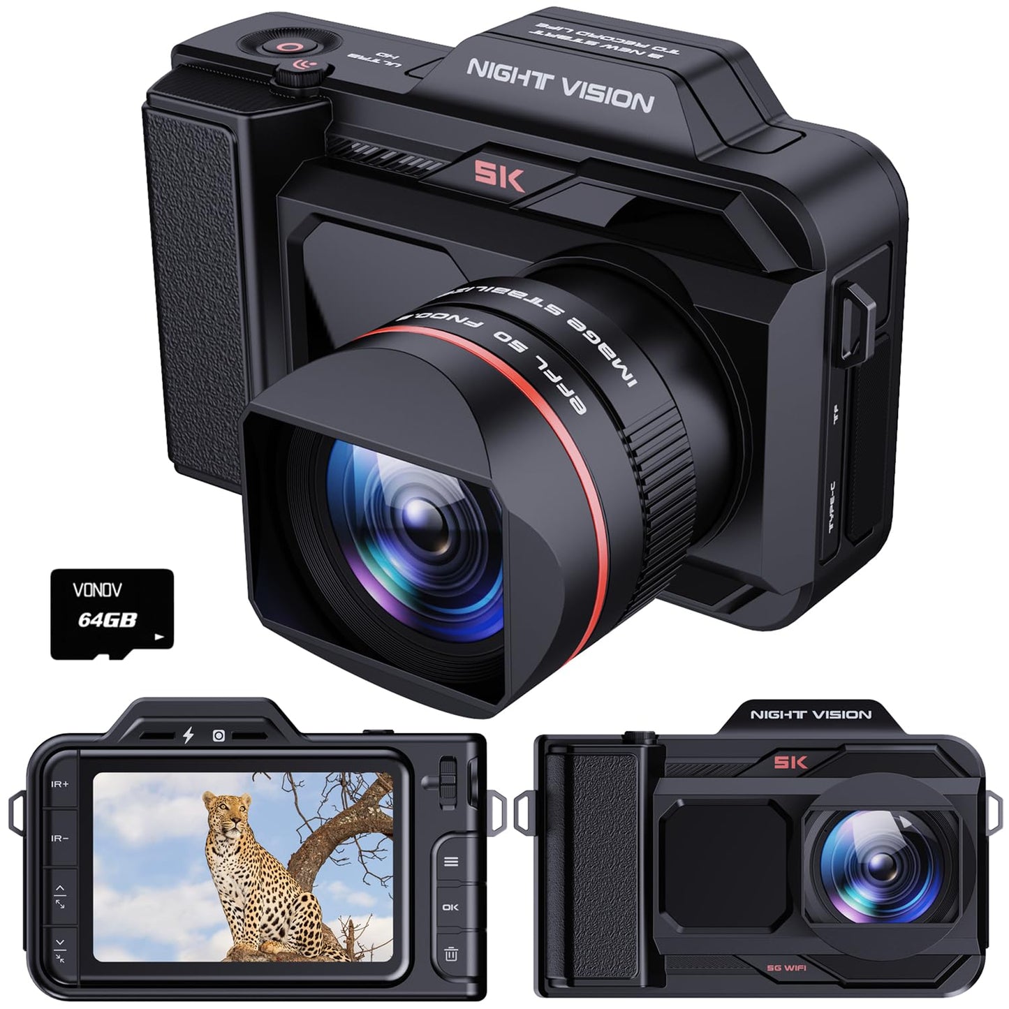 VONOV 5K Night Vision Goggles Night Vision Binoculars,Full-Color 4.5" OLED Infrared Night Vision, with 50x Ｄigital Zoom, 5G WiFi, Support Anti Shake，Rechargeable Battery, Free High Speed 64GB Card