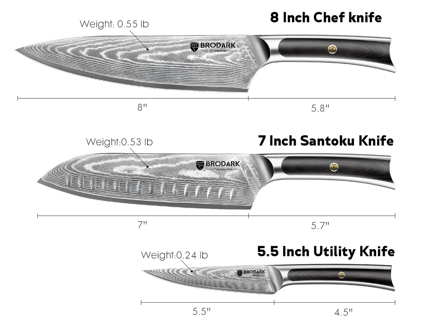 BRODARK Damascus Chef Knife 3 PCS, VG10 Steel Full Tang Sharp Professional Japanese Chef Knife Set for Kitchen, Ergonomic Pakkawood Handle Damascus Knife Set with Gift Box
