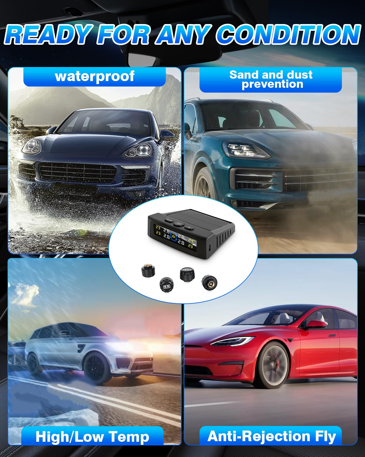 Tire Pressure Monitoring System,RV Tire Pressure Monitor System with Solar Charge or USB, Tire Monitoring System with 4 Sensors & 6 Alarm Modes Real-Time Display for SUV Mpv Rv Tpms Sensors Set of 4