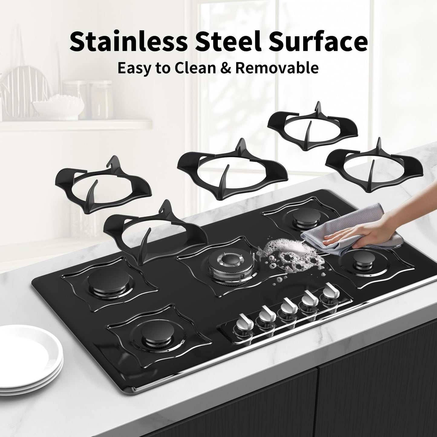 Nafewin Gas Cooktop 36 Inch, 5 Burner Gas Stove Top Built-in Propane Stove Stainless Steel, NG/LPG Dual Fuel Auto Ignition Propane Cooktop, Thermocouple Protection