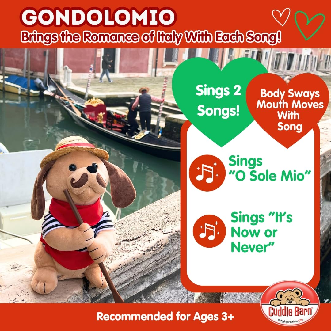 Singing Toy Puppy - Gondolomio | Animated Plush Italian Dog Sings 2 Songs "O Sole Mio" and Elvis Hit "It's Now or Never" | Funny Romantic Cute Valentine Gift | Great for Kids and Adults, 12 inches