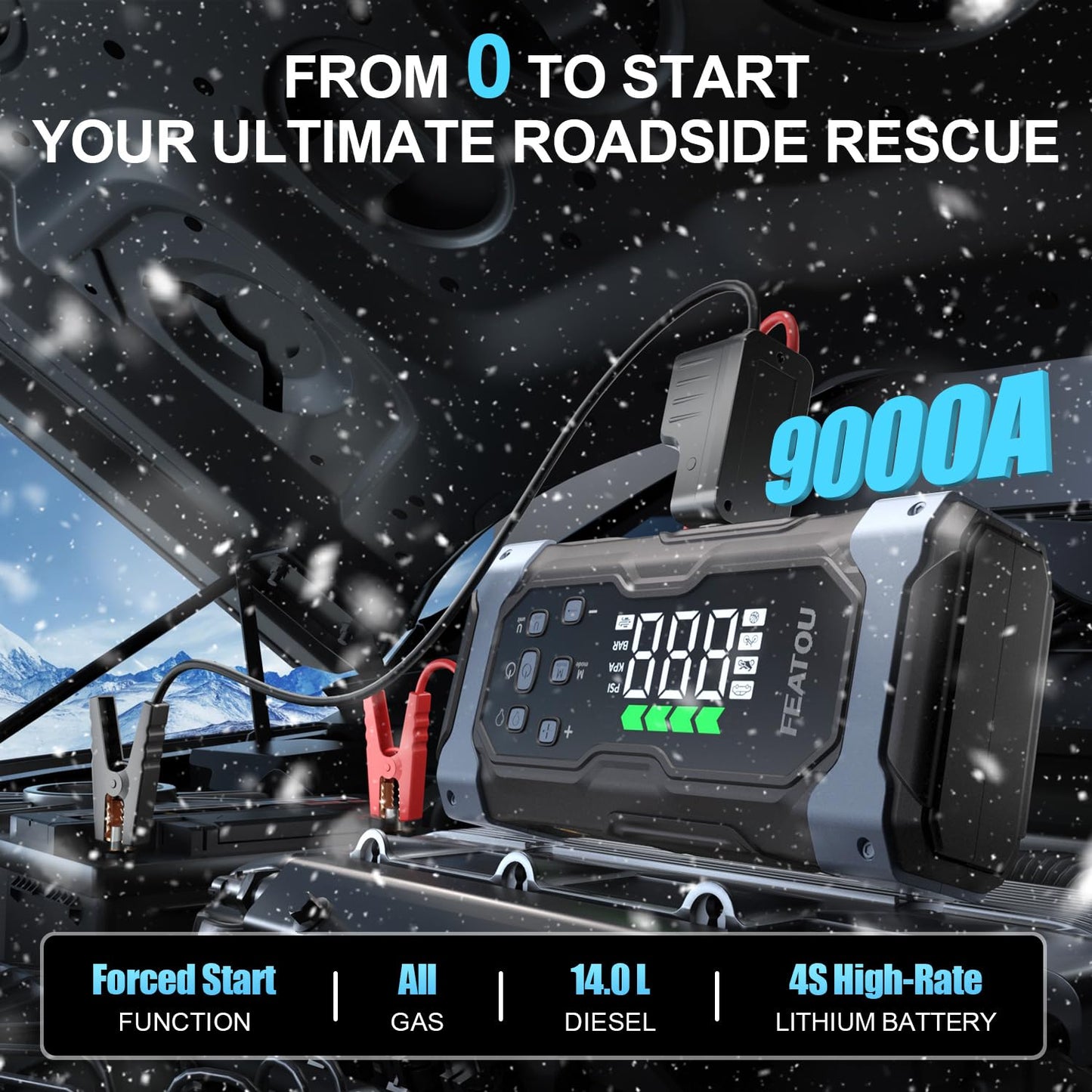 High-Power 9000A Jump Starter with Air Compressor, 12V Car Battery Jump Starter, Portable Jump Box for Car(All Gas/14L Diesel) with Tire Inflator, 30W Fast Charge, Forced Boost, Smart Battery Jumper