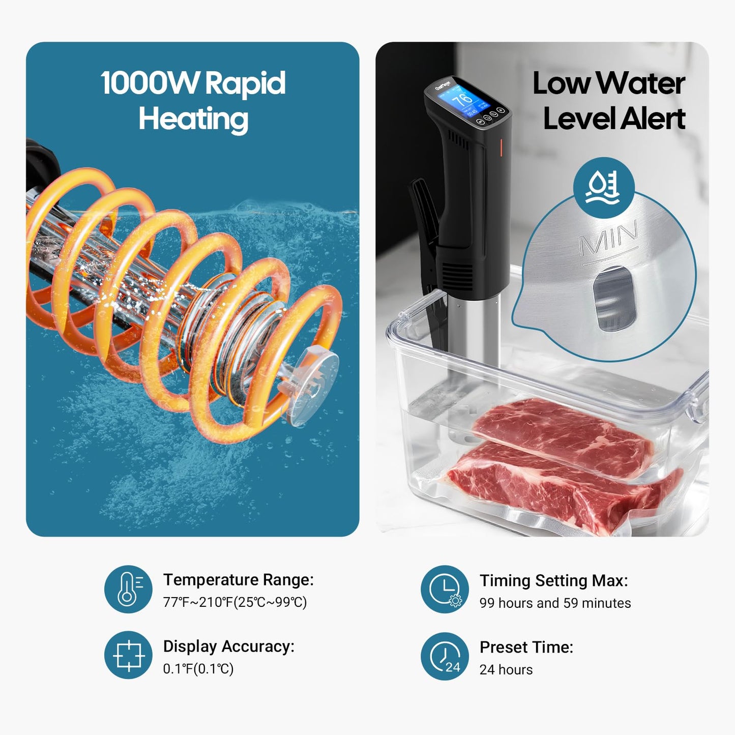 CharMeter Wifi Sous Vide Cooker 1000W, Ultra Quiet Immersion Circulator with Water Level Alarm, App Control with 14 Preset Recipes, Calibration & Timer Function,Fast/Stable Heating with Shared Control