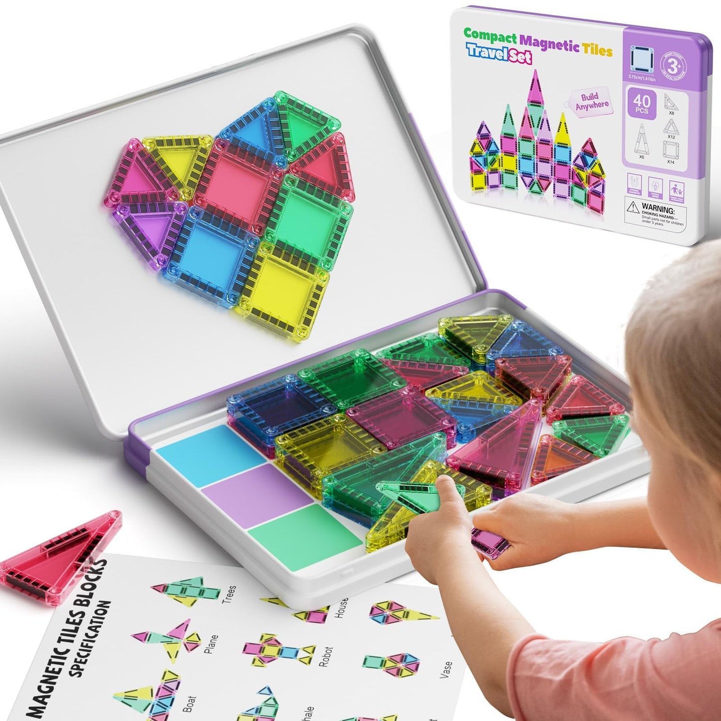 hunloot Mini Magnetic Tiles 40PCS Travel Set with Iron Storage Box, Portable STEM Building Blocks for Kids 3-8, Montessori Educational Magnet Toys for Road Trip, Airplane, Car Rides & On-The-Go Play
