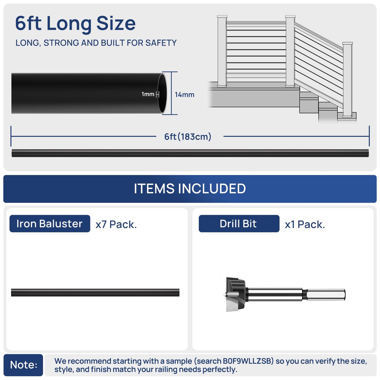 7 Pack 6 FT x 35/64 inch Iron Stair Balusters with 14mm Wood Drill Bit, Matte Black Hollow Horizontal Interior Baluster, Stair Railing Spindles for Indoor Staircase