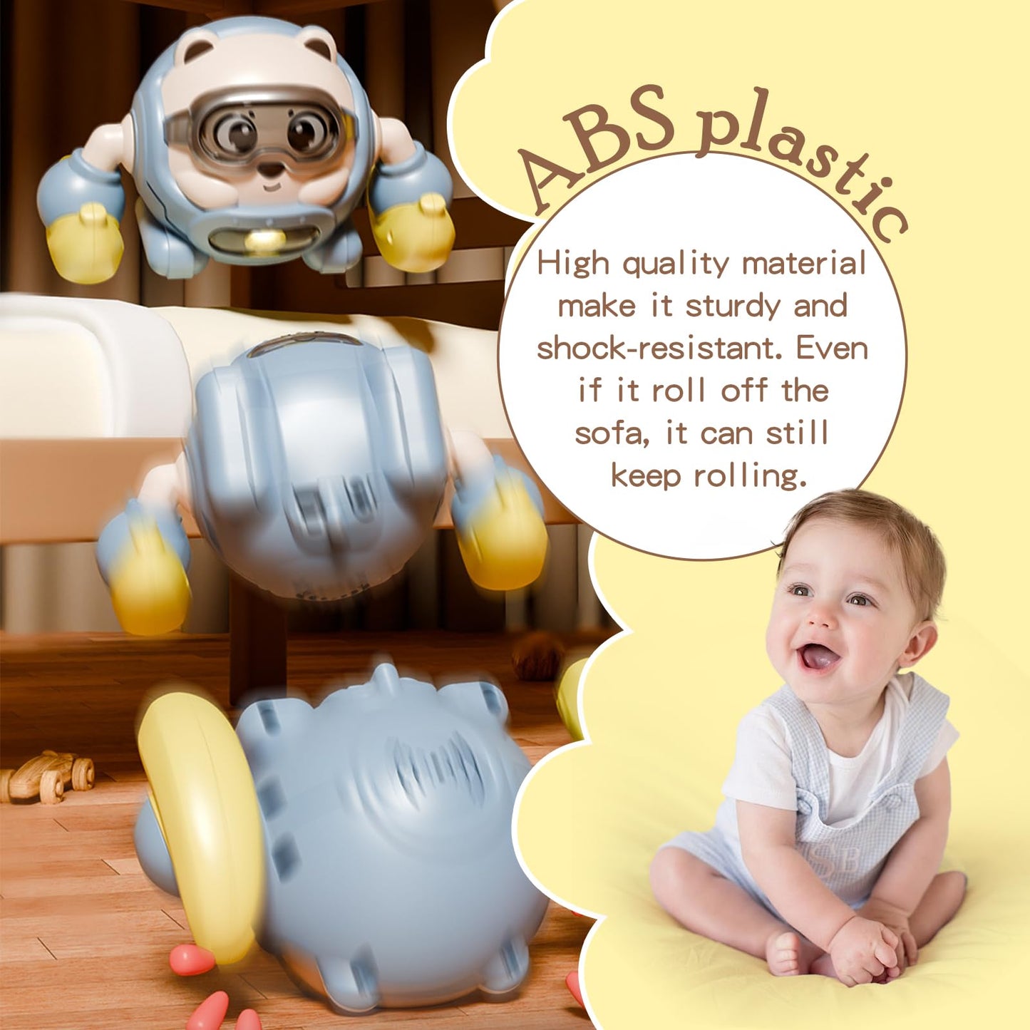 Rolling Baby Toy Crawling Toys, Baby Musical Toys 360° Rolling Bouncing Tummy Time Toys Bear Walking Moving Infants Toy, Learning Walking Toys Birthday for Toddler Boys & Girls